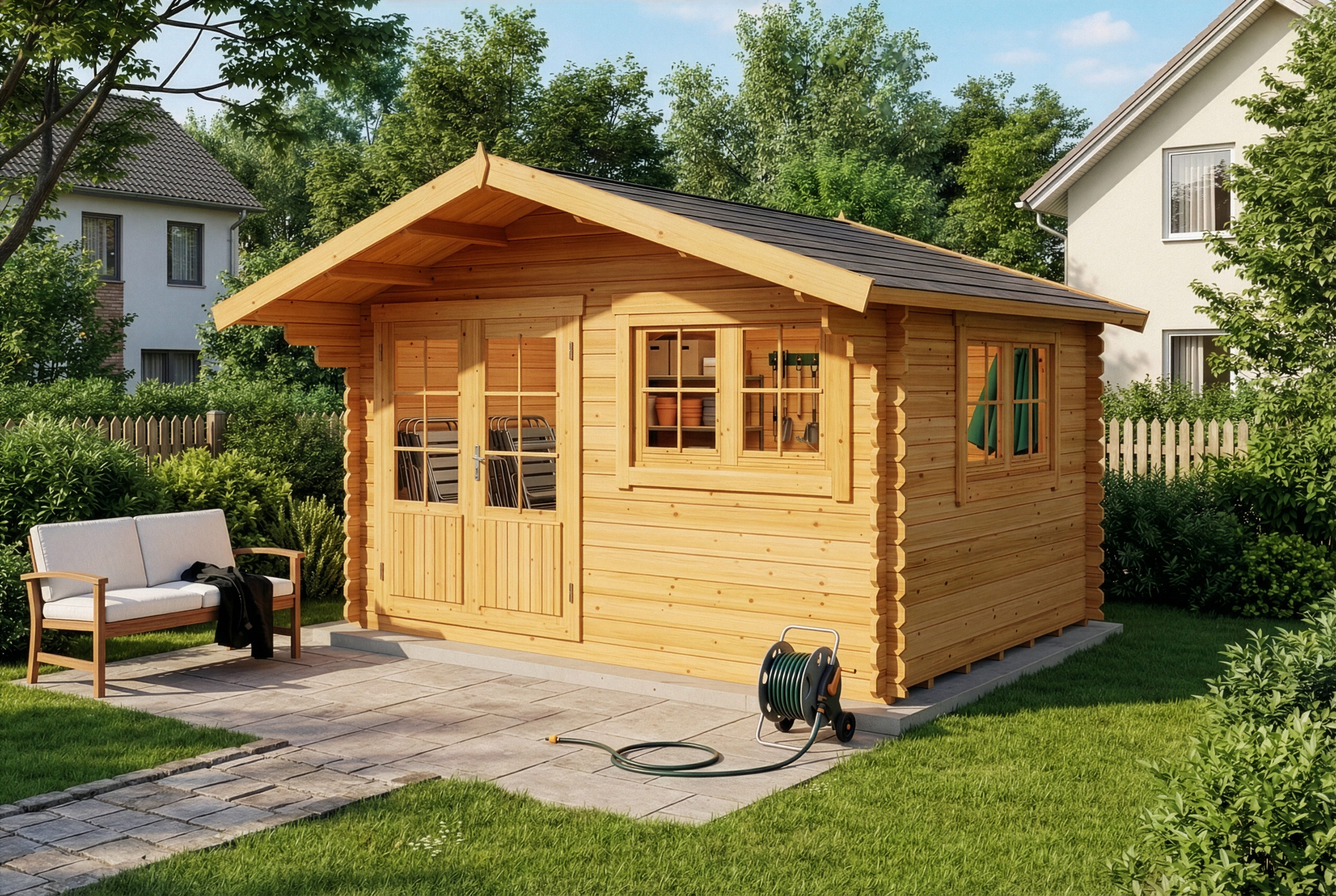 Alpholz Gartenhaus Holz Gabriel 400 x 300 cm, BxT: 435x367 cm, in Imprägniert (Pinie) Inkl. Fußboden mit 34mm Wandstärke