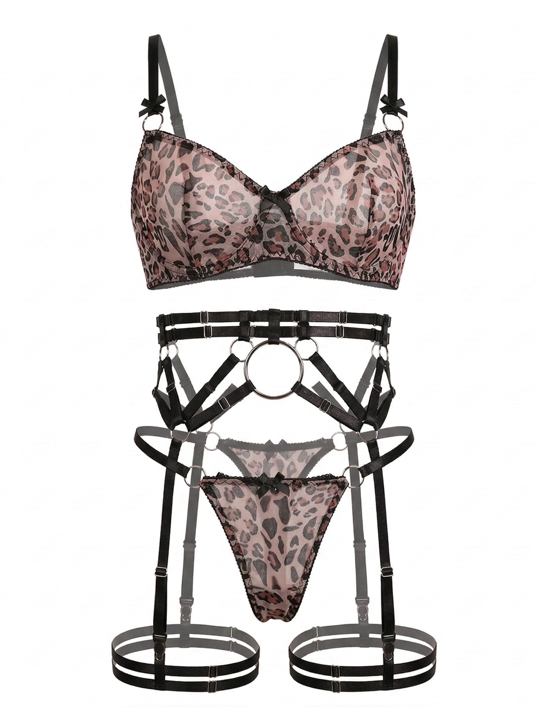 Elegant Love Set: Bügel-BH Sexy Dessous-Set im Leo-Print – Unterwäsche-Set (Set, 3-tlg., BH + String + Strumpfhalter) Reizwäsche mit Strapsen – sinnliches Lingerie-Set für besondere Nächte