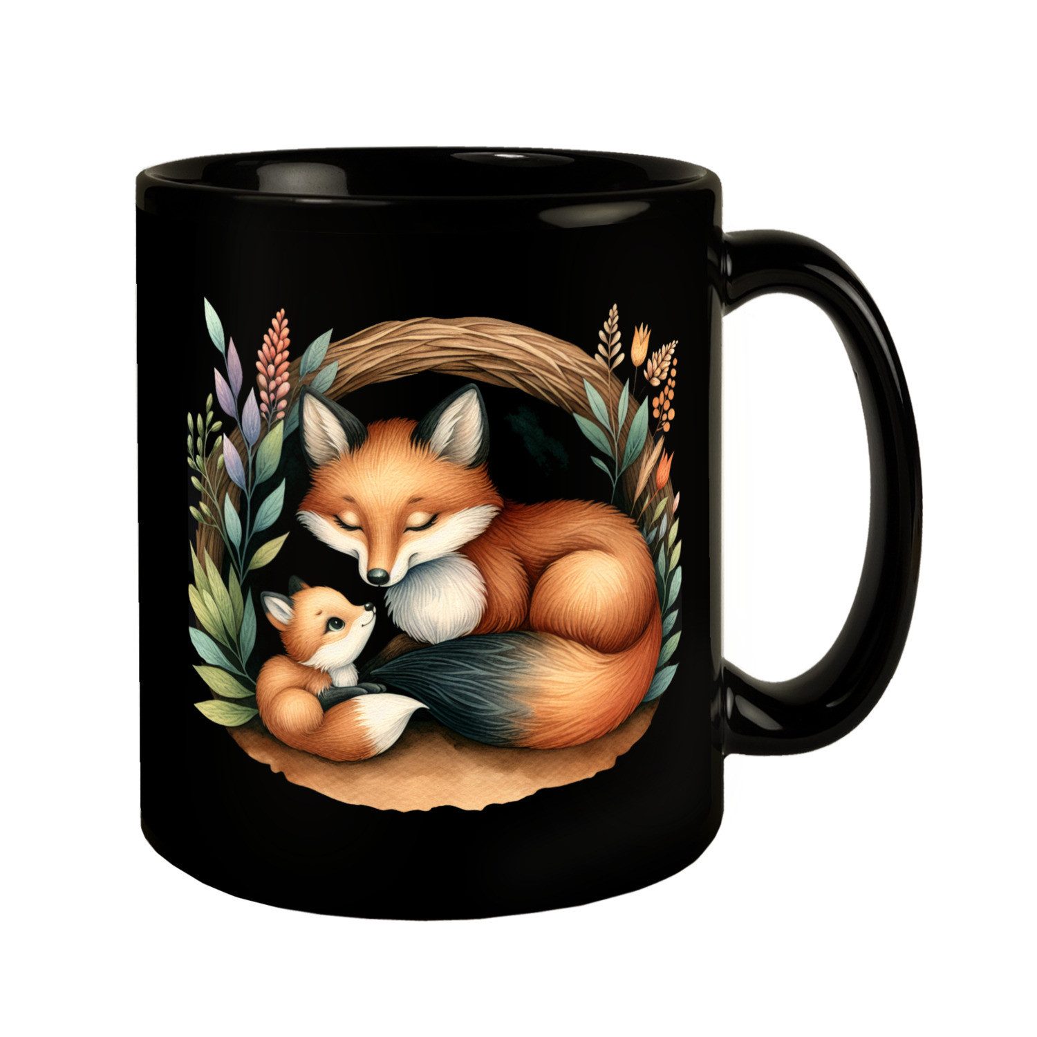 Tasse Fuchsfamilie Mama und Fuchsbaby Tasse schwarz in Schwarz
