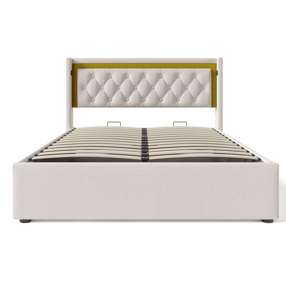 Polsterbett (160x200cm Doppelbett mit Lattenrost, LED-Beleuchtung und Matratze), Stauraumbett mit USB Typ C Ladefunktion Kopfteil, Baumwolle-Leinen