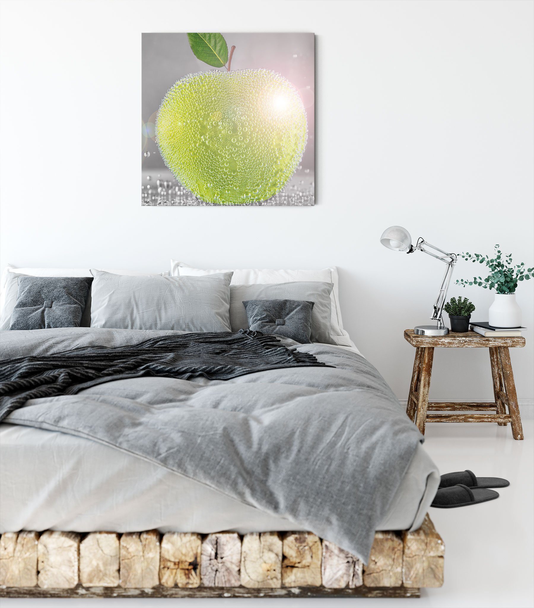 Apfel Leinwandbild Apfel mit St), mit inkl. Leinwandbild fertig Zackenaufhänger Wasserperlen, Wasserperlen (1 Pixxprint bespannt,