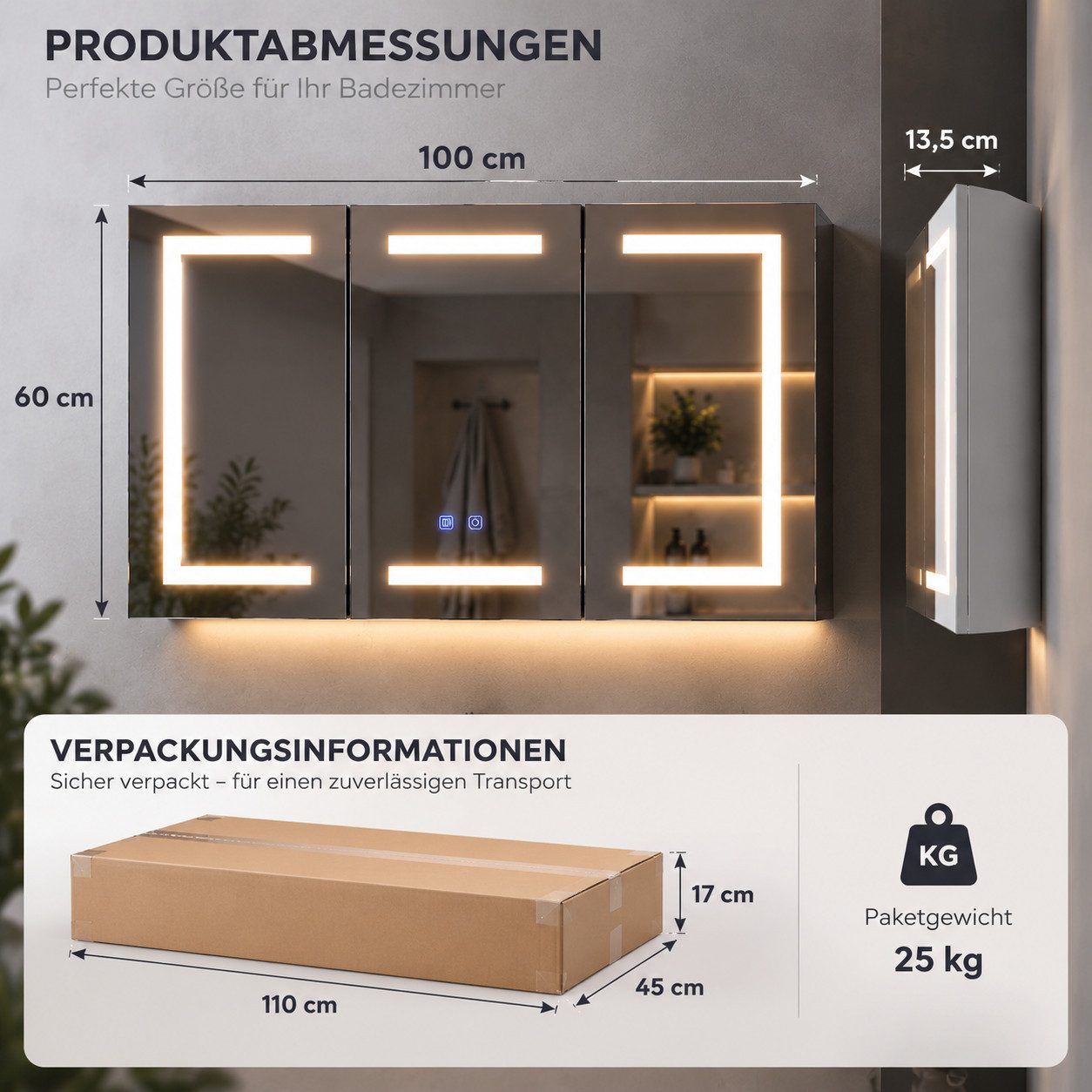 Simurq Badezimmerspiegelschrank 100 cm LED-Spiegelschrank mit 3 Türen, Anti-Beschlag Tuchentnahme im unteren rechten Bereich – Bild 2 von 5