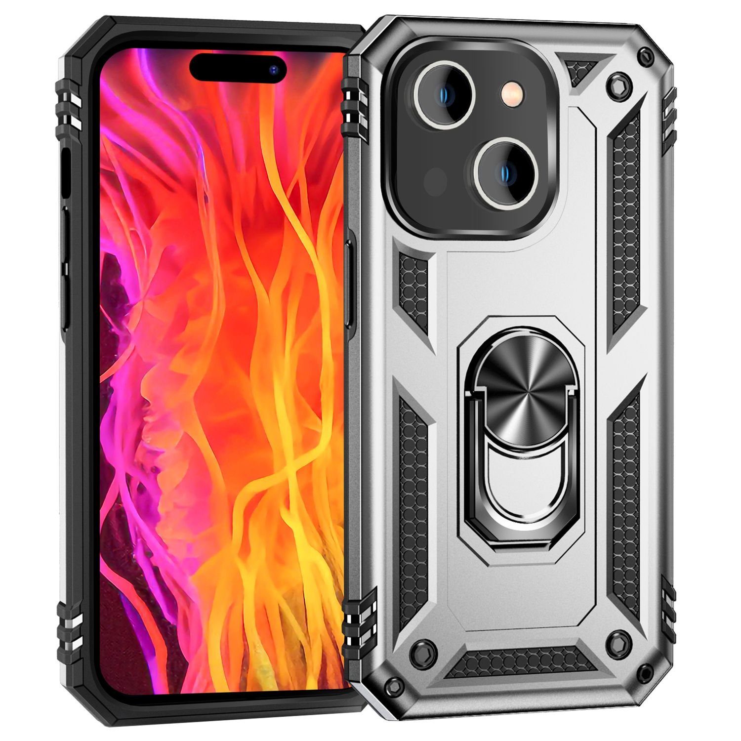 Nalia Smartphone-Hülle Apple iPhone 15 15,5 cm (6,1 Zoll), Military Style Ring-Hülle / Extrem Robuster Schutz / Standfunktion