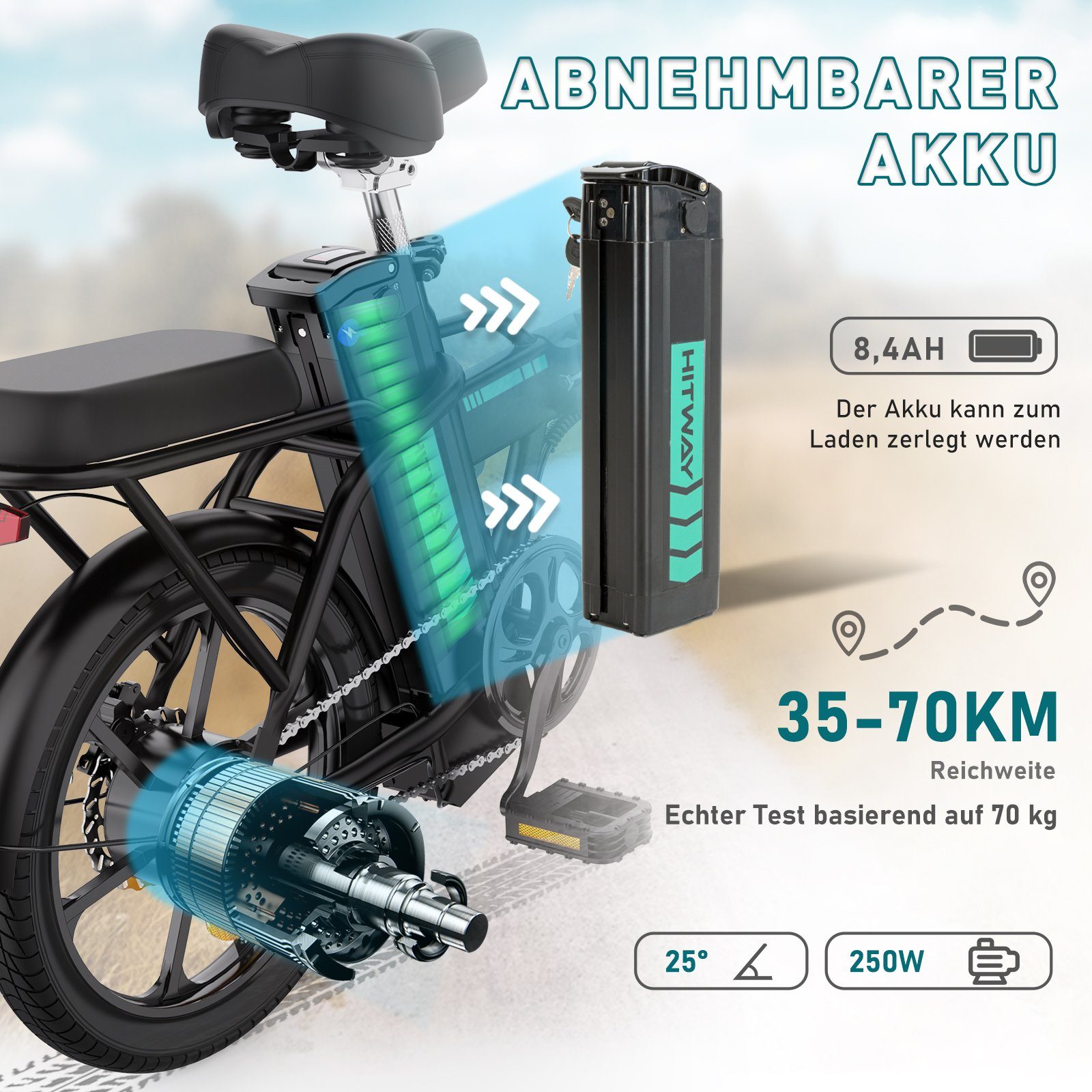 36V/8,4Ah und Heckmotor, E-Bike Pumpe, für HITWAY mit Damen Fahrradschloss schwarz Batterie,250W Motor,25km/h,bis Herrn 35-70km,16",