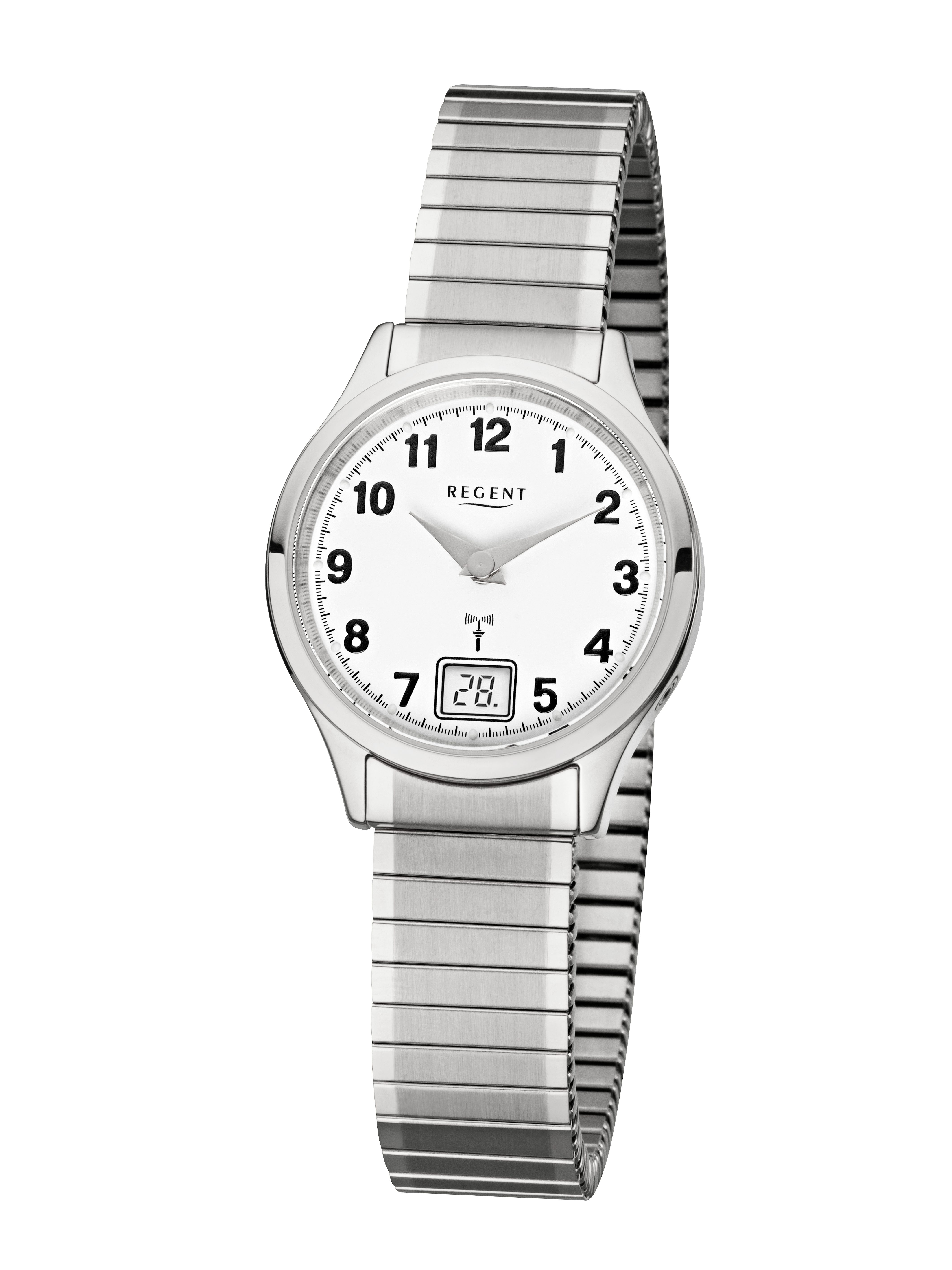 Regent Funkuhr FR-210 - 3067.40.89, Quarzuhr, Armbanduhr, Damenuhr, Edelstahlarmband, analog, digital