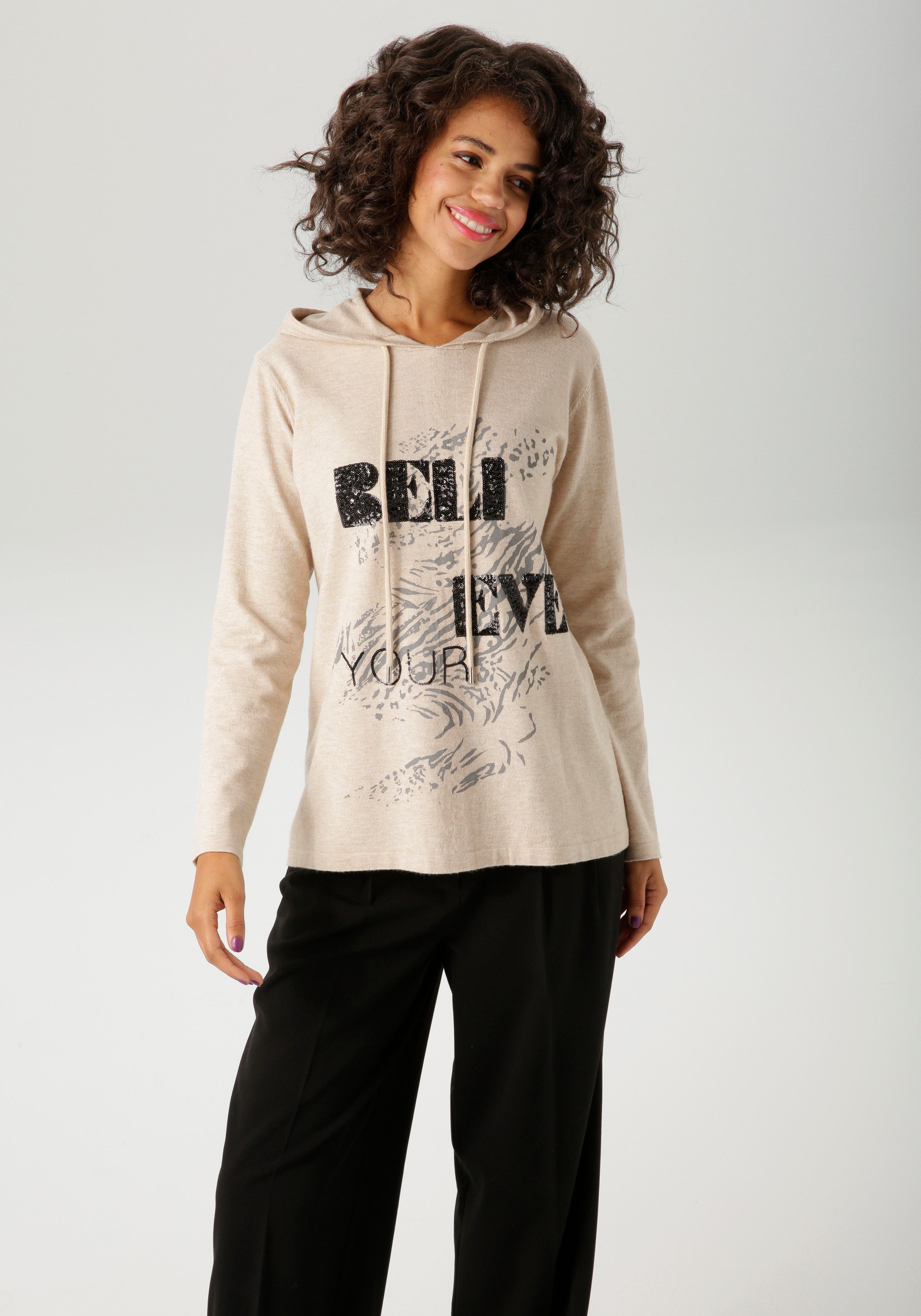 Aniston CASUAL Strickpullover mit Pailletten-Schriftzug verziertem Vorderte günstig online kaufen
