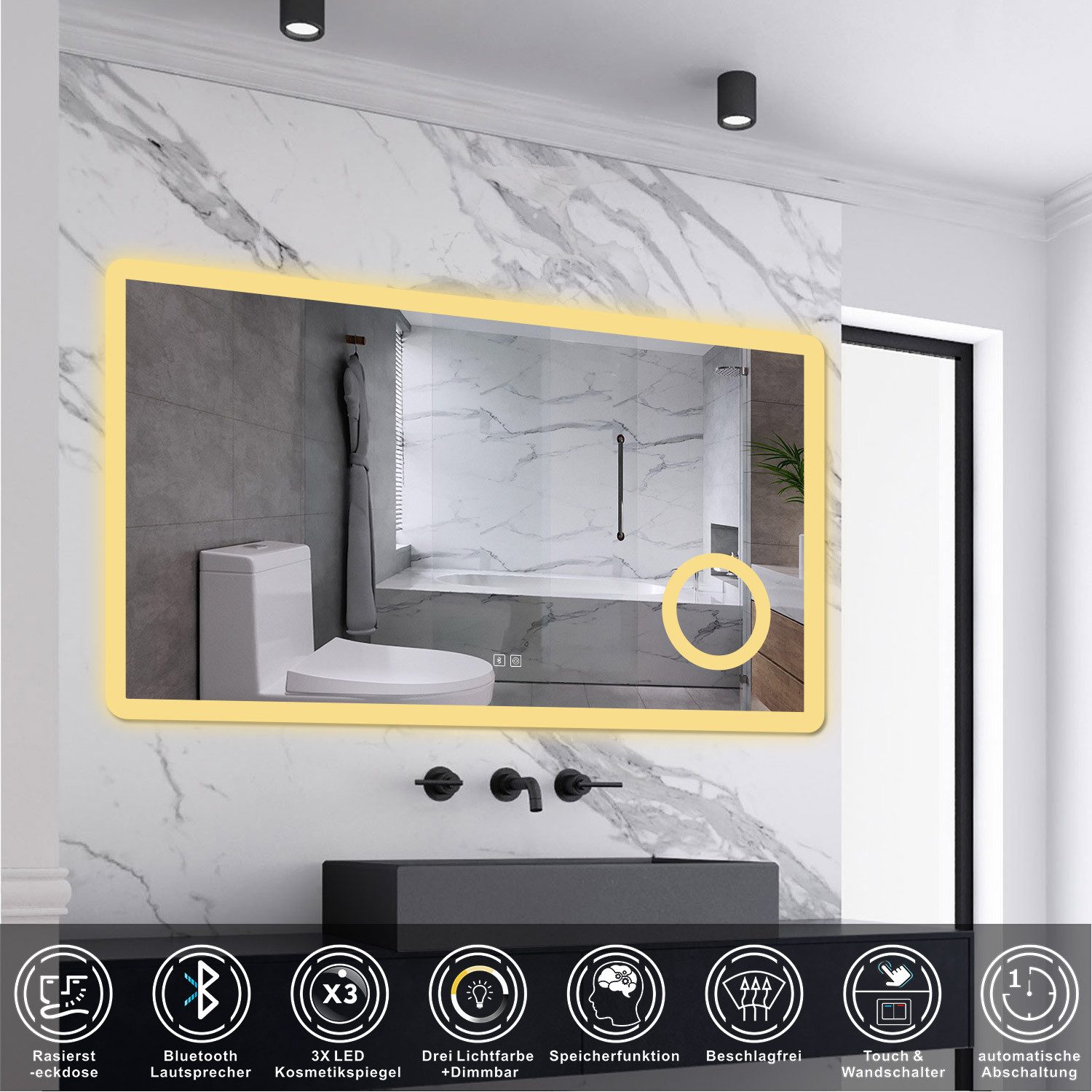 Aica Sanitär Badspiegel LED Wandspiegel mit Steckdose/Bluetooth/3 Lichtfarb günstig online kaufen