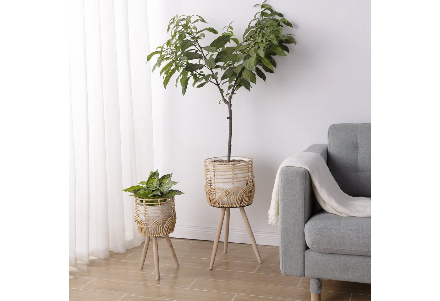 Thumbnail - Navaris Übertopf 2x Blumentopf mit Ständer im Rattan Look - Boho Blumentopfständer (1 St)