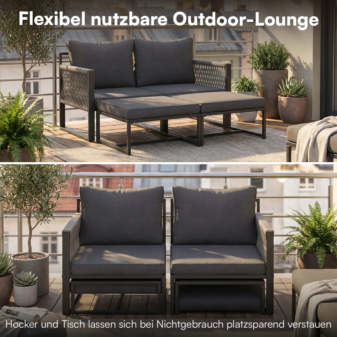STEELSØN Sitzgruppe Tyranis 4-teiliges Gartenmöbel Set mit Tisch & Hocker, (schwarz, 4-tlg), gepolsterte Sitzgarnitur für 2-4 Personen, wetterfest, bis 160 kg