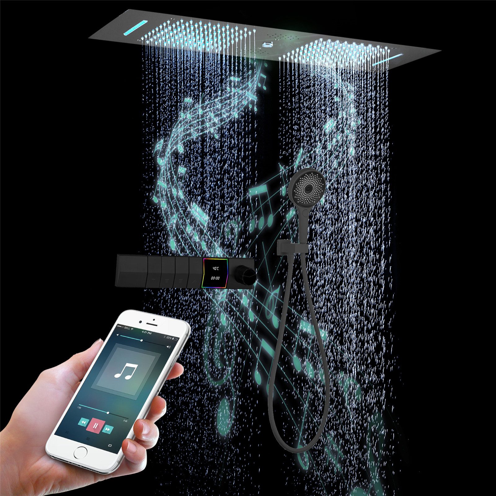 Oihpaw Duschsystem LED Musik-Duschsystem mit Thermostat, 300x900 mm, RGB 64 Farben, 4 Funktionen: Regen, Wasserfall, Wassersäule, Handbrause, Messing