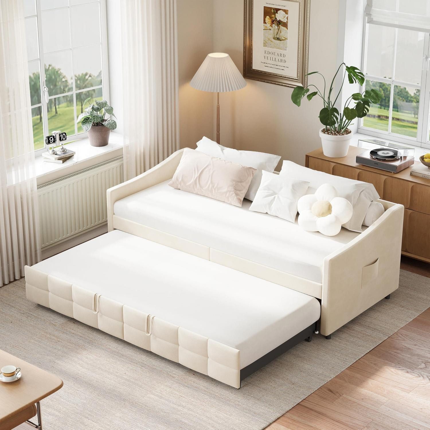 LuxusKollektion Schlafsofa Schlafcouch Ausziehbar Ausziehbett 180x200 Flanell Creme Neu