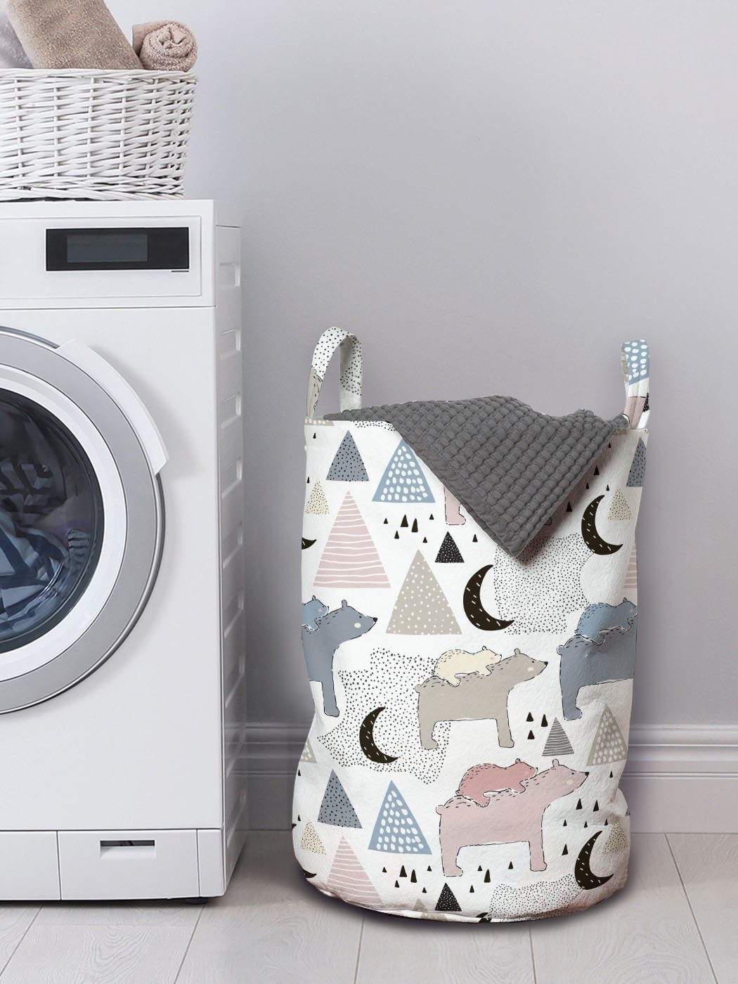 Waschsalons, Gekritzel Wäschesäckchen mit Bear Polar Griffen für Wäschekorb Kordelzugverschluss Pattern Pastell Abakuhaus