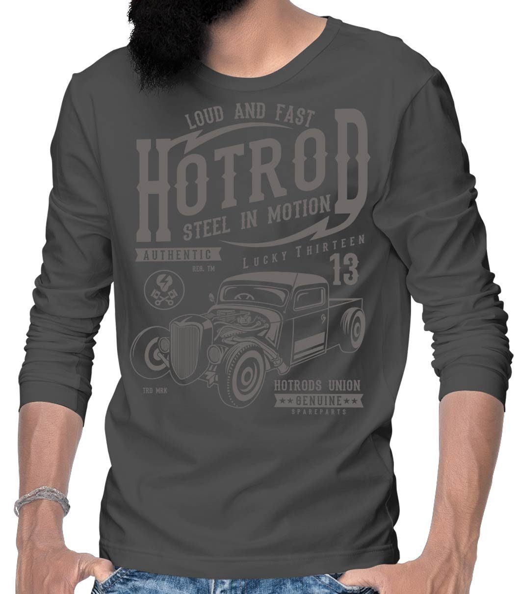 Grau / On T-Shirt US-Car Langarm Herren Tee Rebel Custom mit Hotrod Longsleeve Motiv Longsleeve Wheels Steel Hotrod