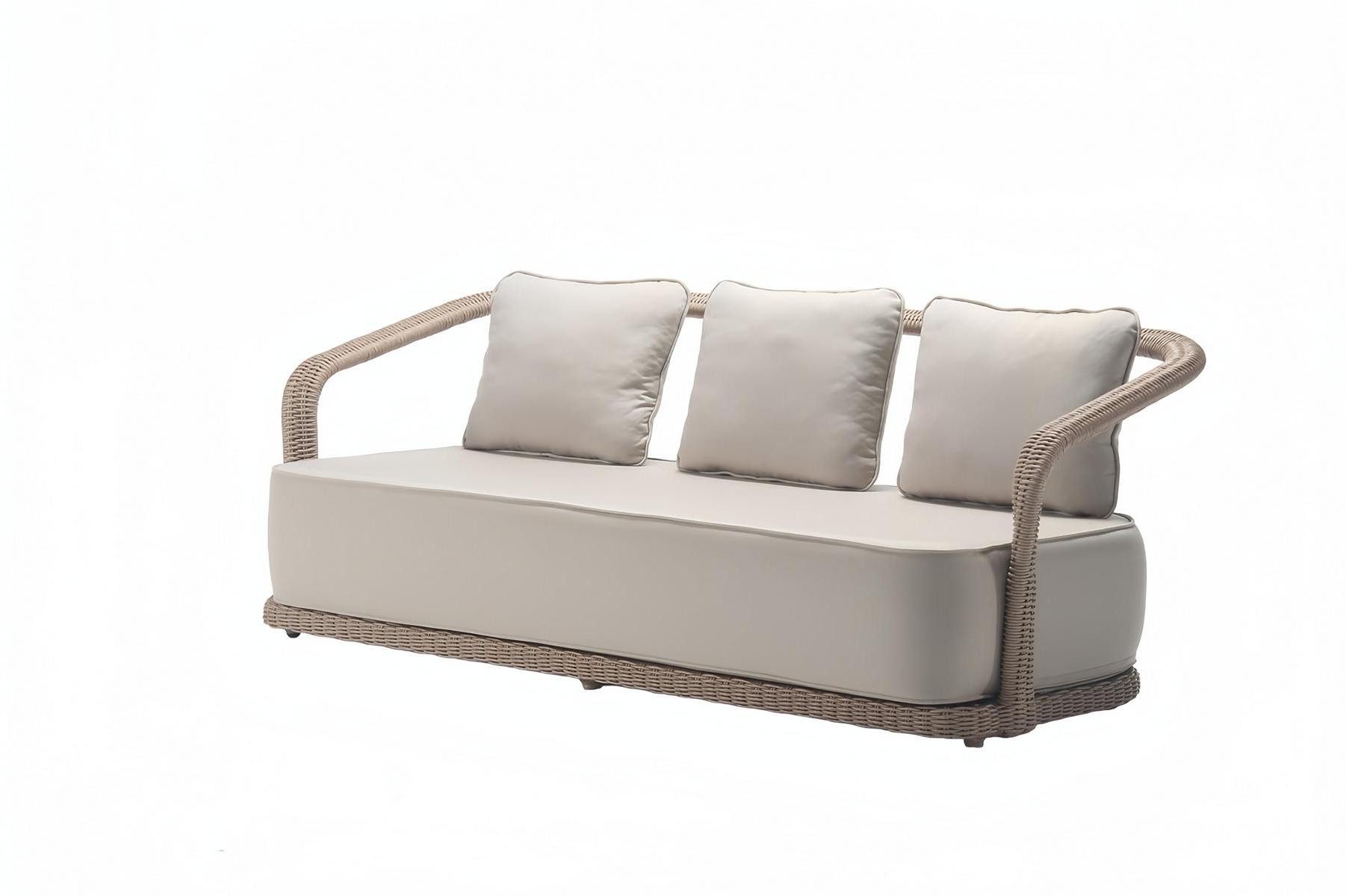 Xlmoebel Gartensofa Luxuriöses modernes Rattan-Polster-Sofa in Beige für 3 Personen, Hergestellt in Europa
