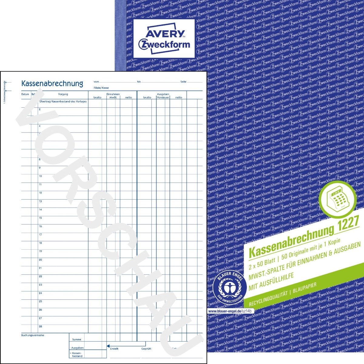 Formularblock Kassenabrechnung A4 RC Blaupapier 2x50 Blatt