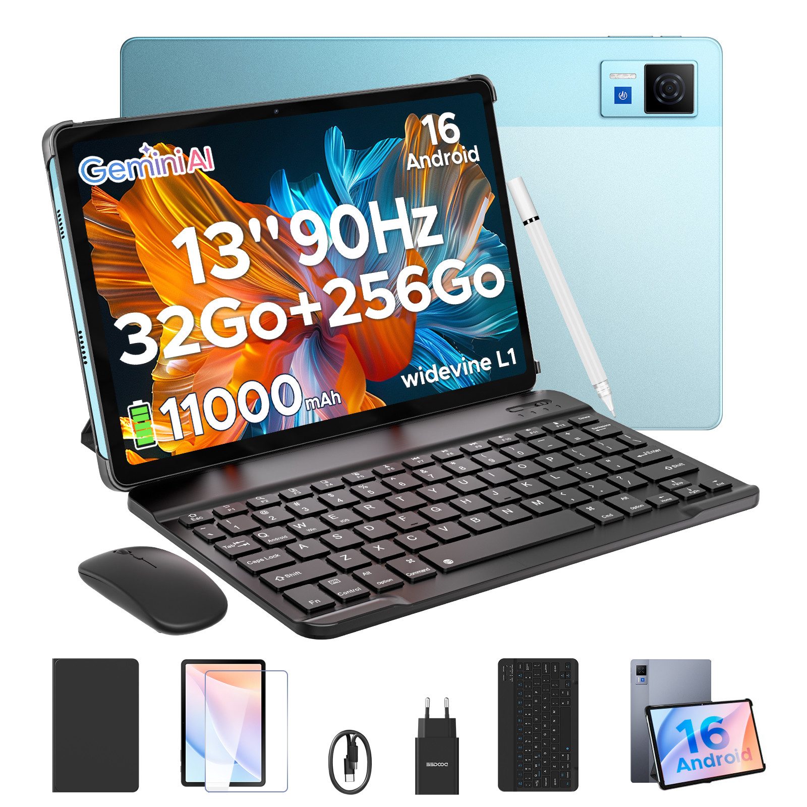 DOOGEE U13 Android 16 Tablet mit tastatur und Stift, 13 Zoll, 256GB, 11000mAh Tablet (13", Android 16, 90Hz, 13MP+8MP, 7,8mm dünn, WiFi5, GPS, GeminiAl)