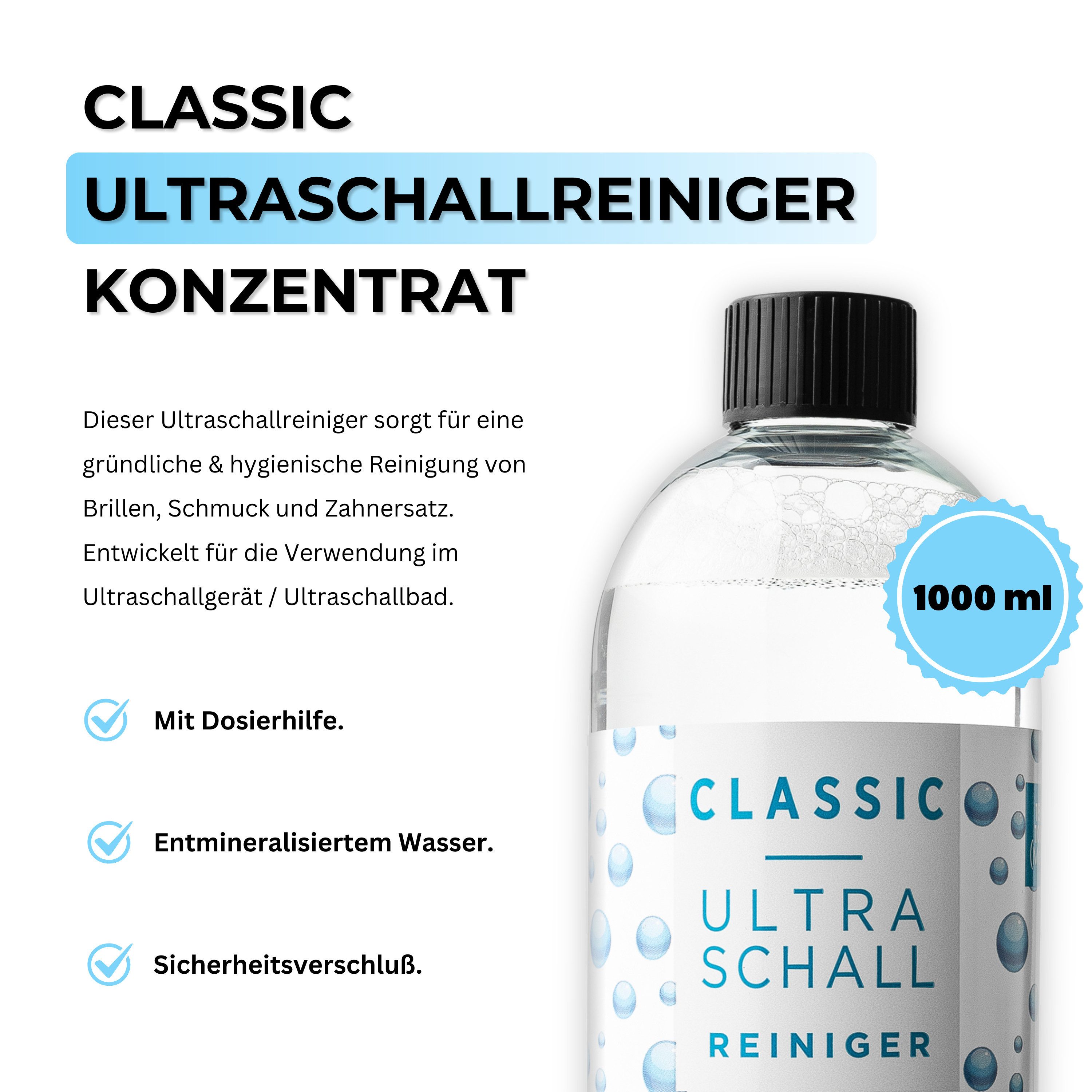EyeAm Ultraschallreiniger Konzentrat für jedes Ultraschallgerät, Brille & Schmuck, 1x1000 ml, Inkl. Dosierhilfe im Flaschenhals & Messbecher