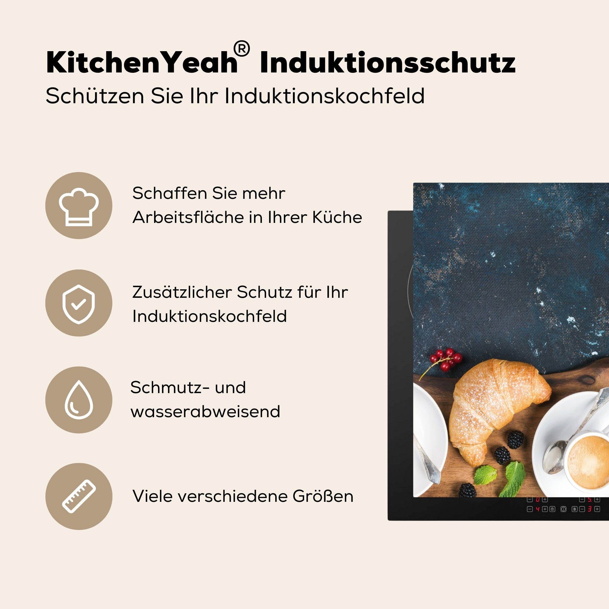 (1 Herdblende-/Abdeckplatte Induktionsschutz, Croissant Obst 59x51 tlg), Induktionskochfeld, MuchoWow - - - Vinyl, Ceranfeldabdeckung Küche, Kaffee cm,