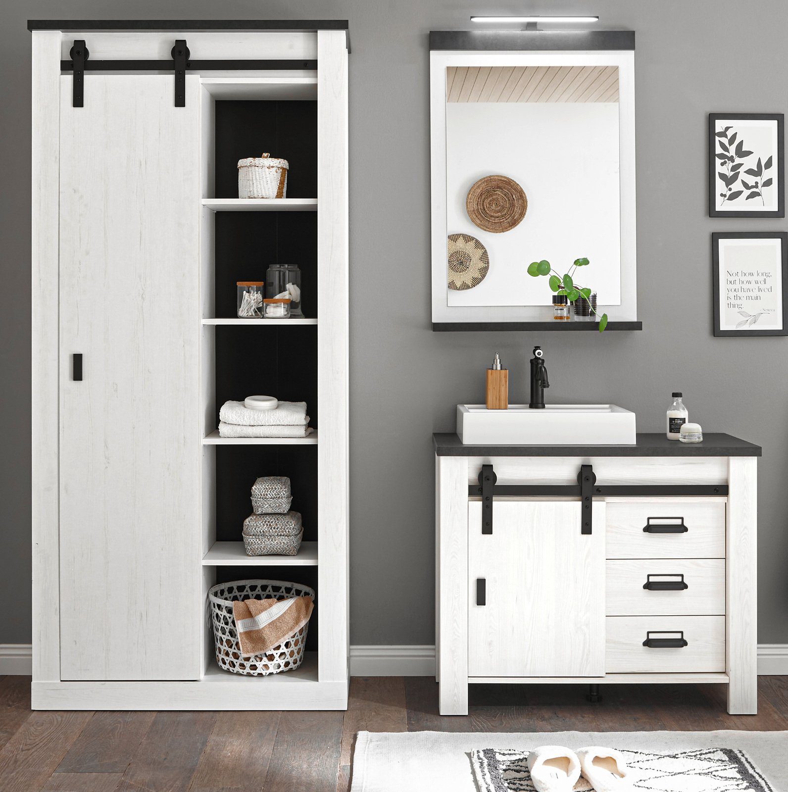 Furn.Design Badezimmer-Set Stove, (Komplett-Set, in Pinie weiß Landhaus), mit Soft-Close, inklusive Beleuchtung und Waschbecken