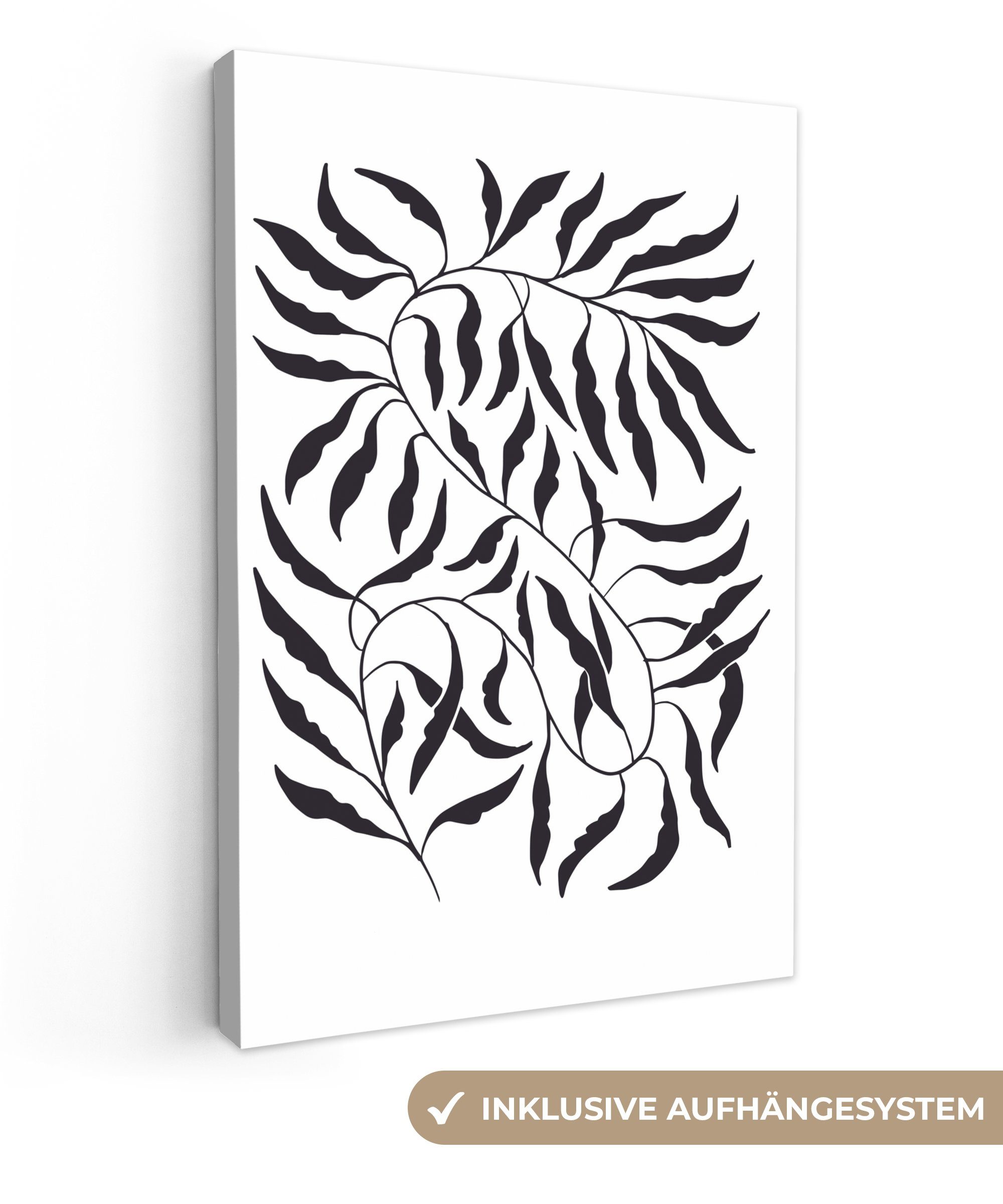 OneMillionCanvasses® Leinwandbild Blätter - Pflanzen - böhmisch - weiß - abstrakt, (1 St), Leinwandbild fertig bespannt inkl. Zackenaufhänger, Gemälde, 20x30 cm
