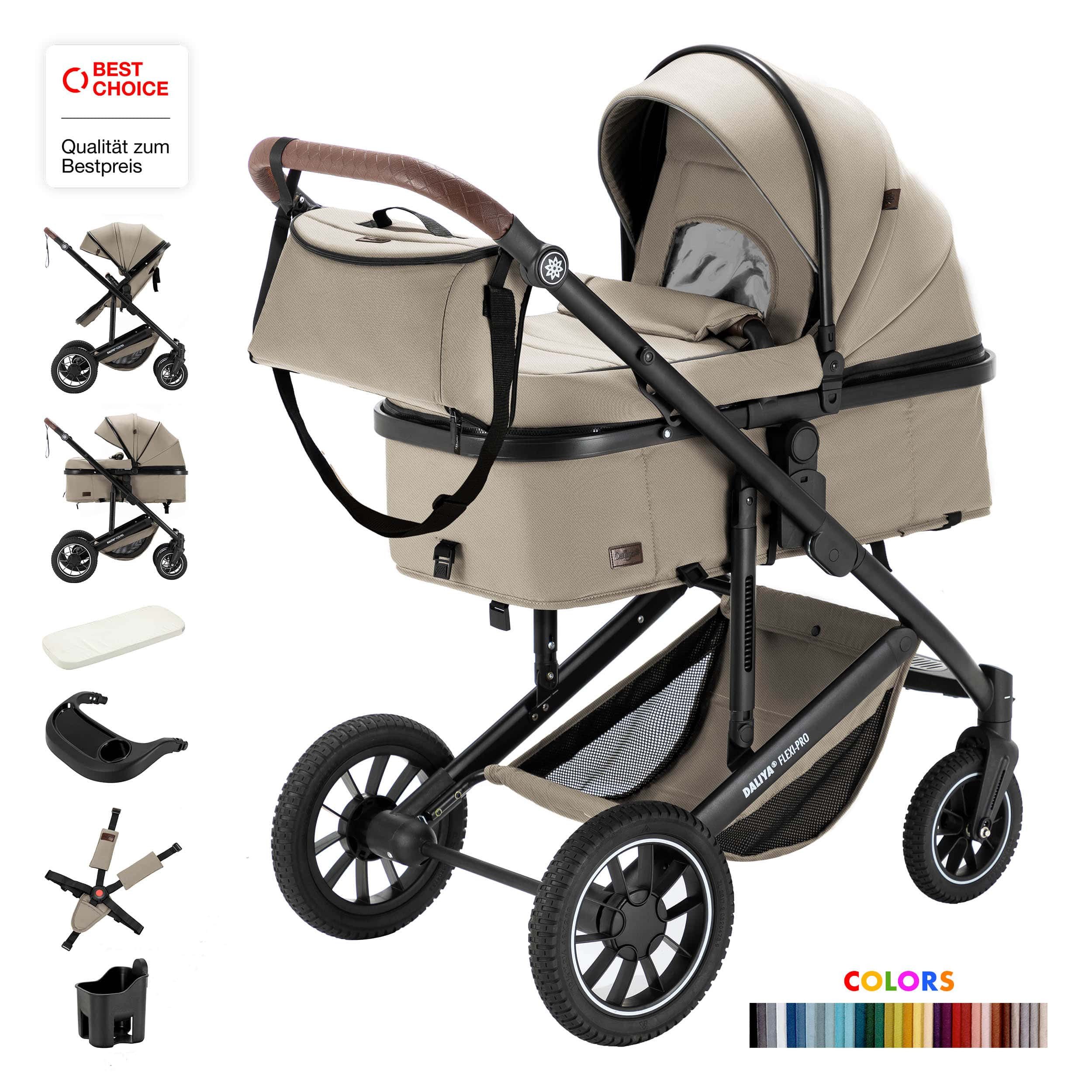 Daliya® Kombi-Kinderwagen FLEXI-PRO M 2in1 Kinderwagen & Buggy, Reisekinderwagen, XXL Set, (10-tlg), Einhändig abnehmbare Wanne, Alu-Rahmen, Gummireifen, Gurte, UV 50+