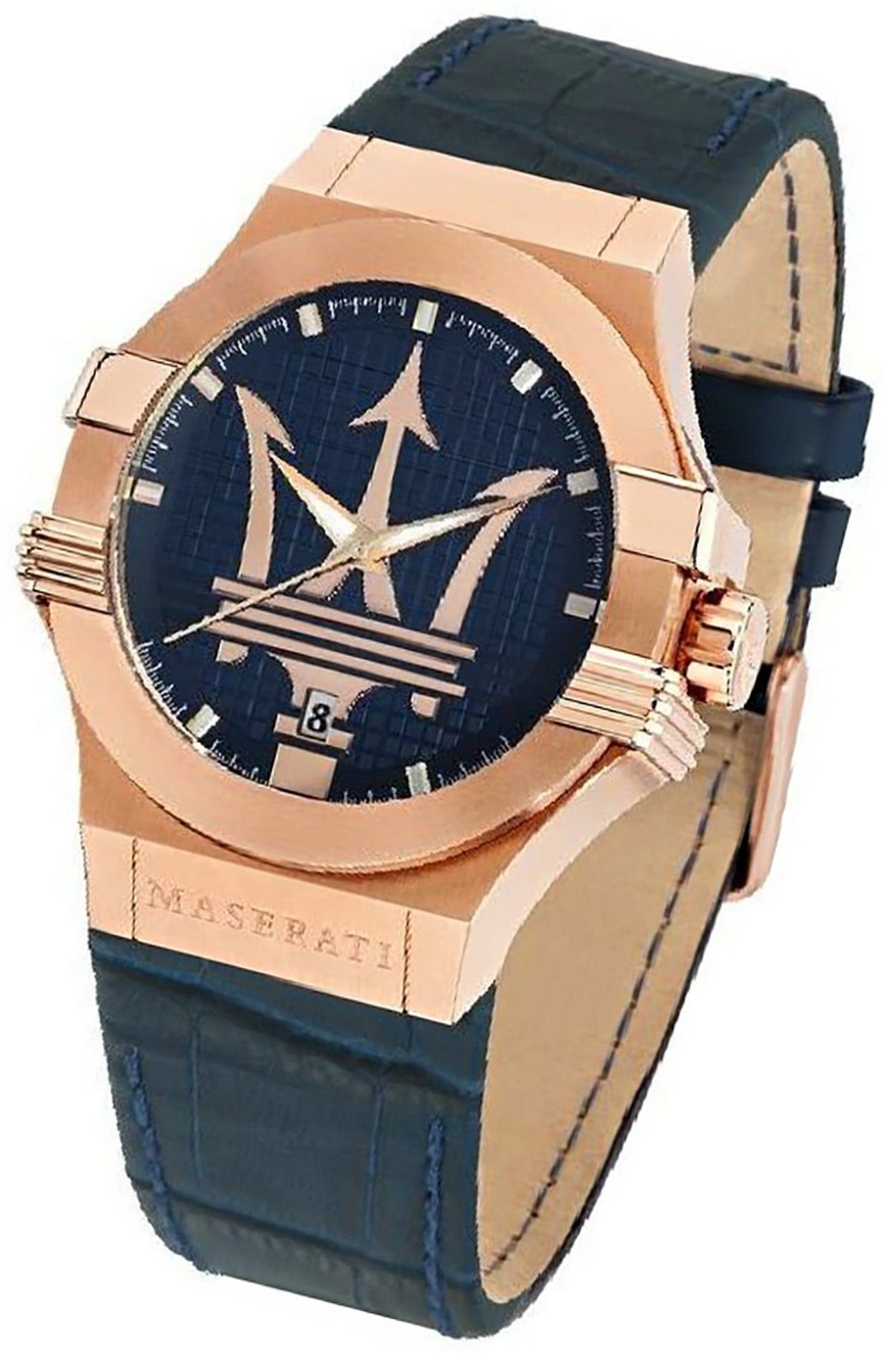 MASERATI Quarzuhr Maserati Leder Armband-Uhr Analog, Herrenuhr Lederarmband, rundes Gehäuse, groß (ca. 40mm) blau