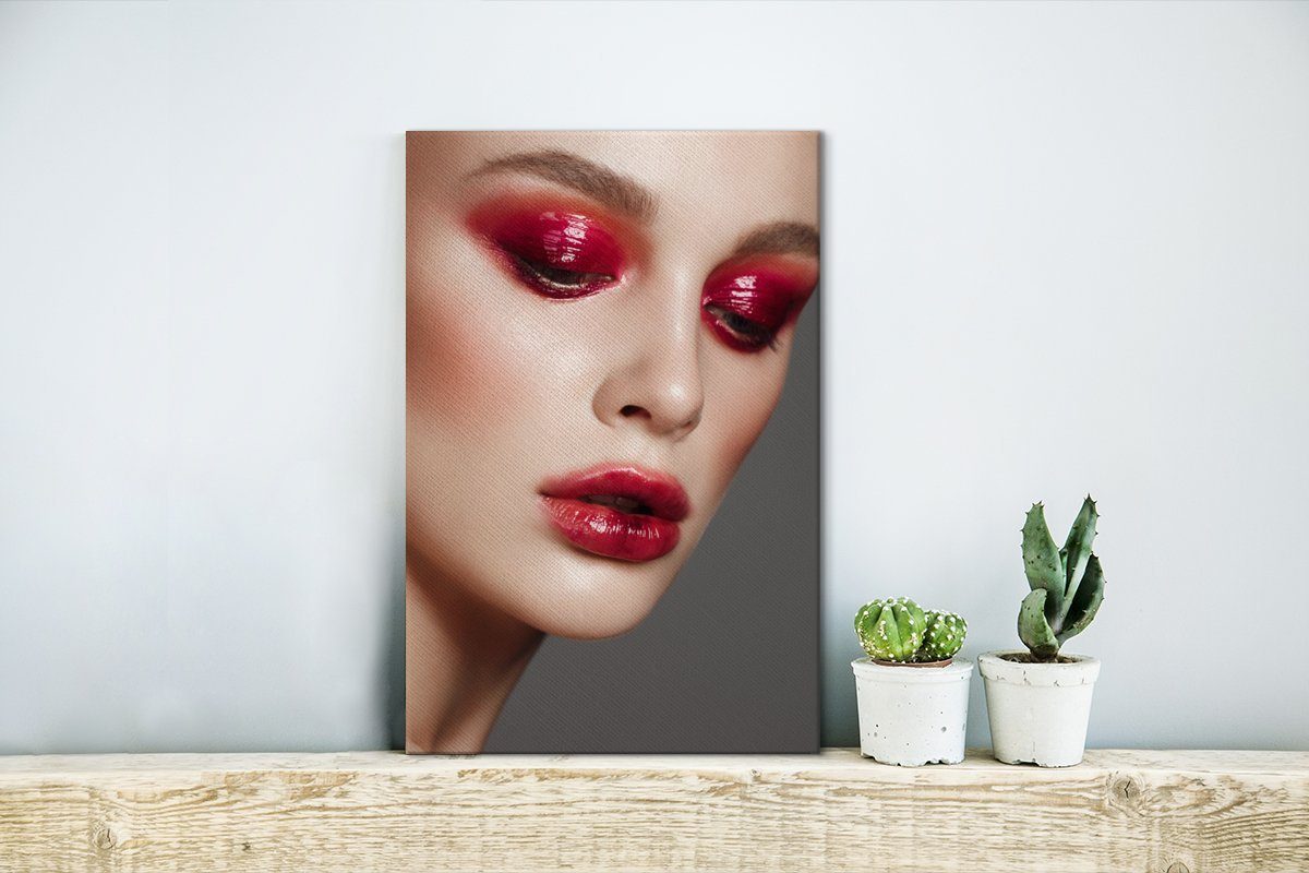 OneMillionCanvasses® Leinwandbild Bild einer Augenlidern, Leinwandbild inkl. leuchtend Gemälde, mit fertig Frau bespannt 20x30 roten Zackenaufhänger, Lippen cm St), und (1