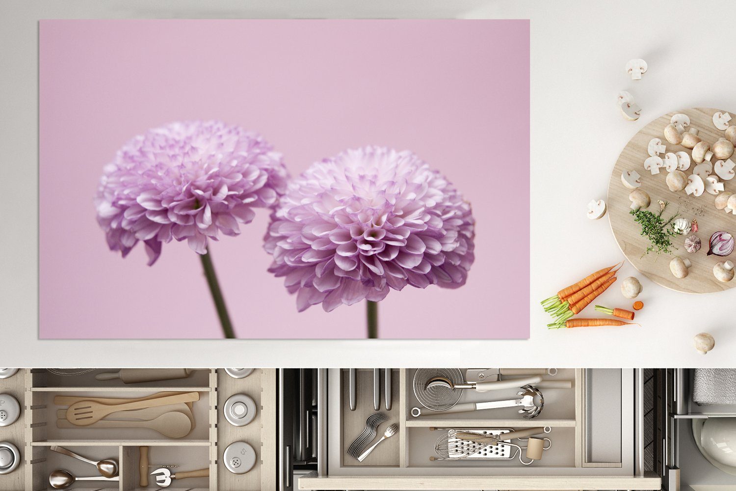 (1 Schutz Chrysanthemen, MuchoWow Induktionskochfeld tlg), die rosa 81x52 küche, Zwei Vinyl, Ceranfeldabdeckung für cm, Herdblende-/Abdeckplatte
