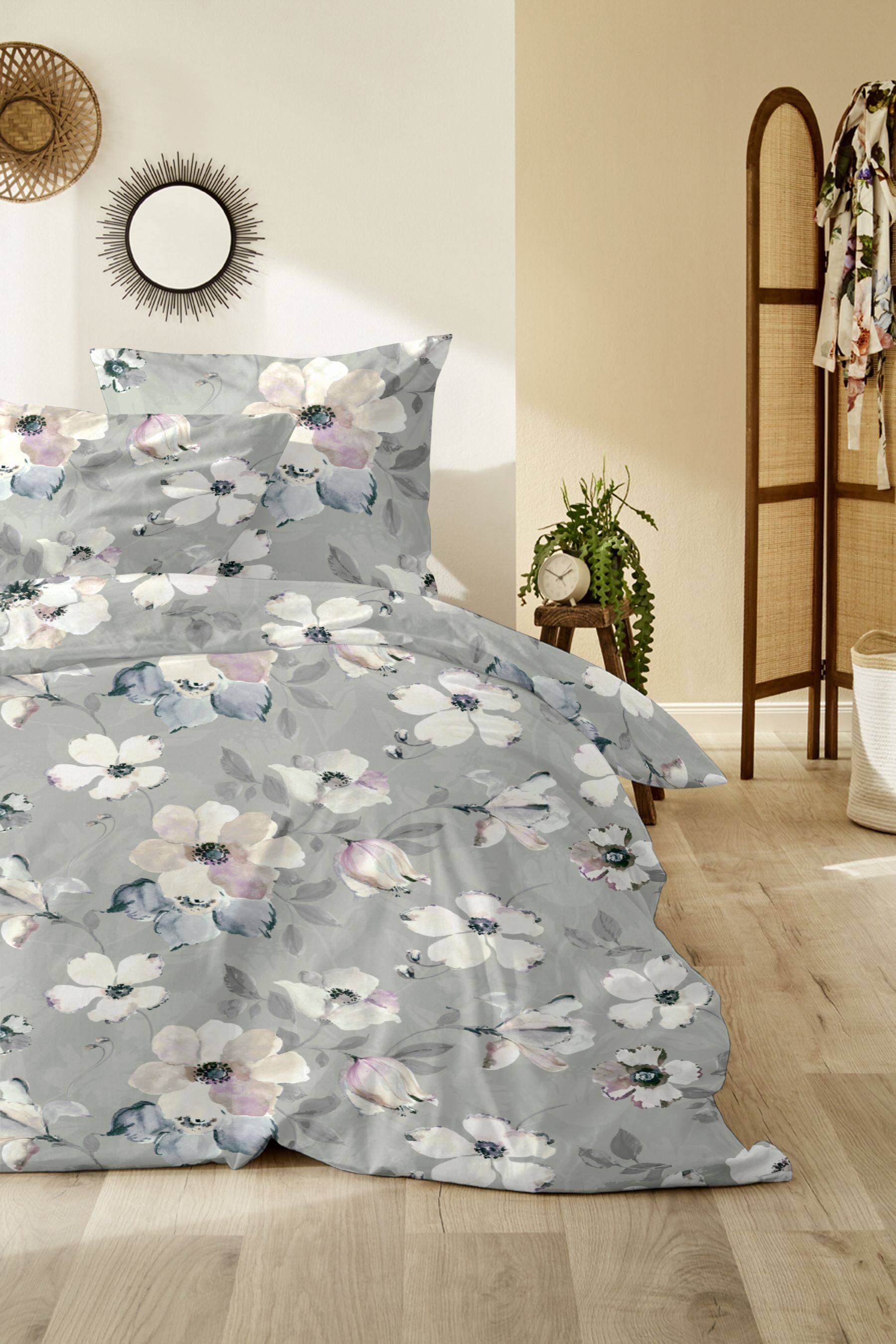 WESTMINSTER Bettwäsche Westminster Satin Bettwäsche 135x200 Blüten Blumen flieder grau natur, Satin, 2 teilig