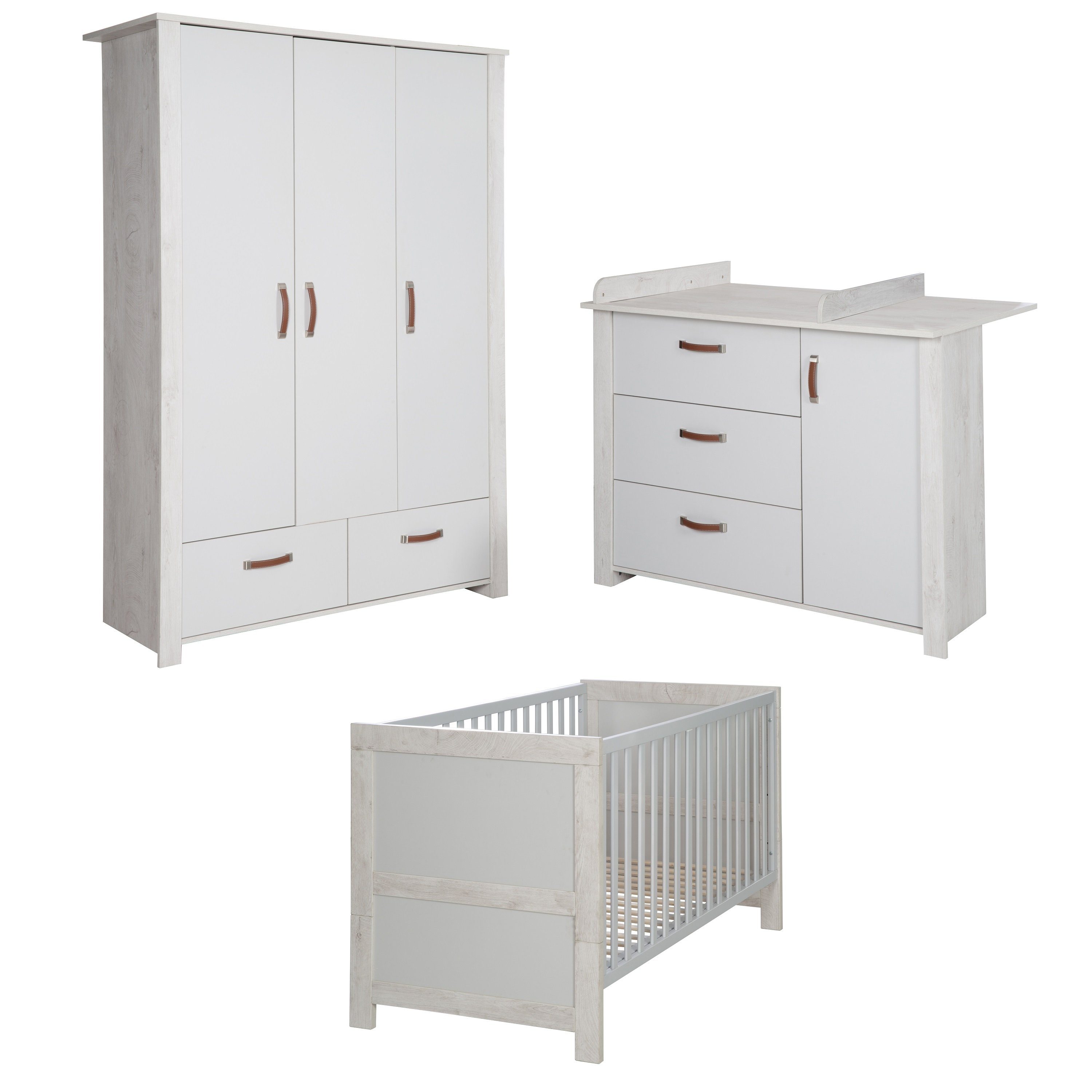 roba® Babyzimmer-Komplettset Mila 3-teilig, Gitterbett, Wickelkommode & 3-türiger Drehtürenschrank, umbaubar