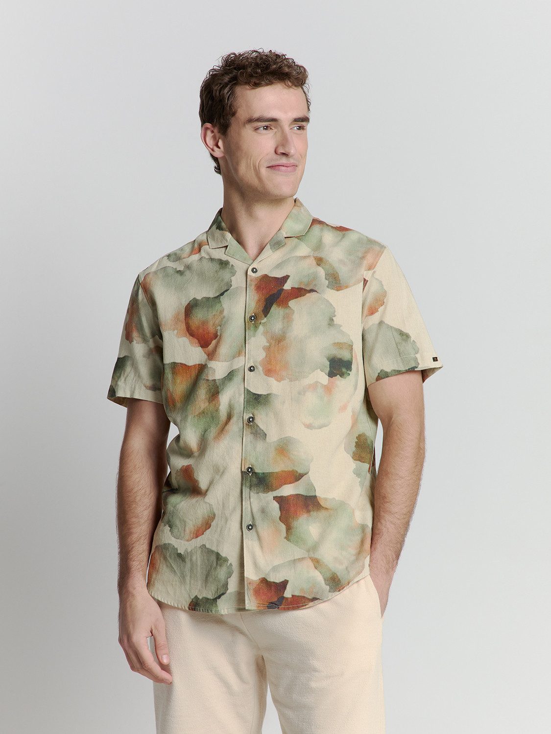Kurzarmhemd Shirt Short Sleeve Revers Collar Allover Printed With Linen Mint