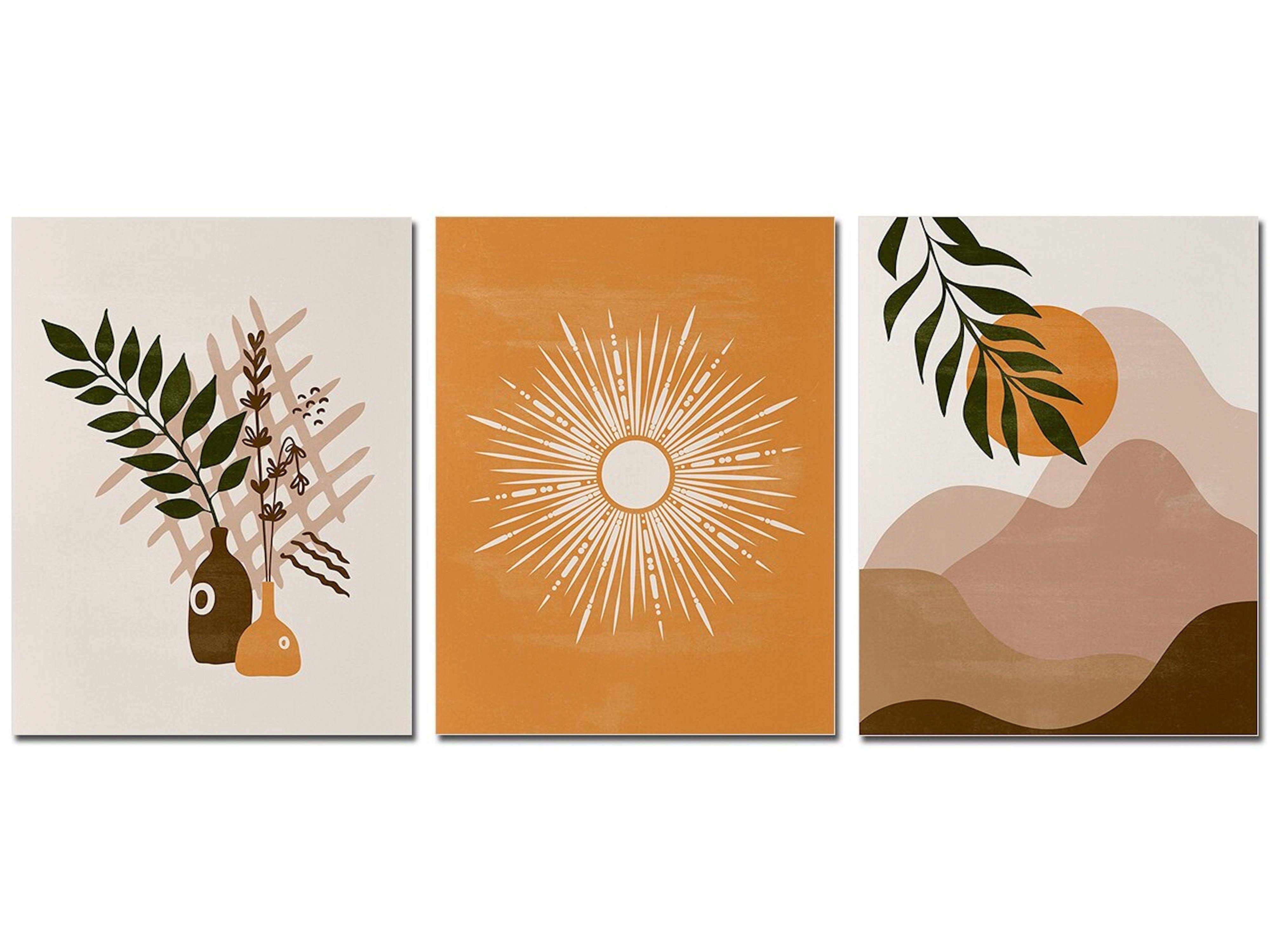 JUSTGOODMOOD Poster Boho Abtrakt Sonne Berge und Pflanzen im Blumetopf als Deko Print ohne, C (1 St)
