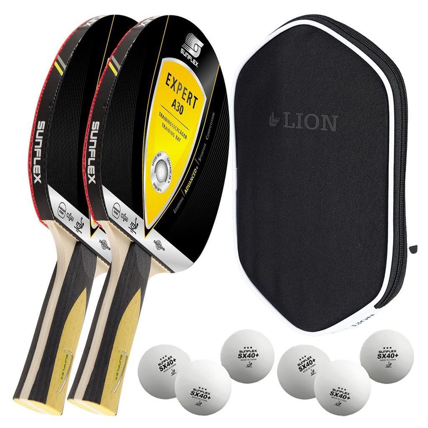 Sunflex Tischtennisschläger 2x Expert A30 + Tischtennishülle + 6x SX+ Bälle, Tischtennis Schläger Set Tischtennisset Table Tennis Bat Racket