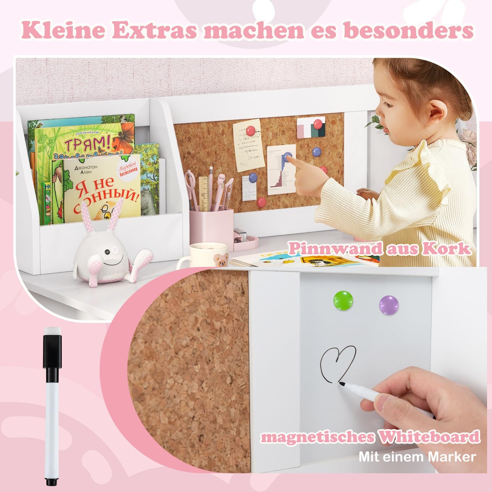 COSTWAY Kinderschreibtisch mit Stuhl Set, Holz, Sitzgruppe mit Bücherregal – Bild 4 von 5