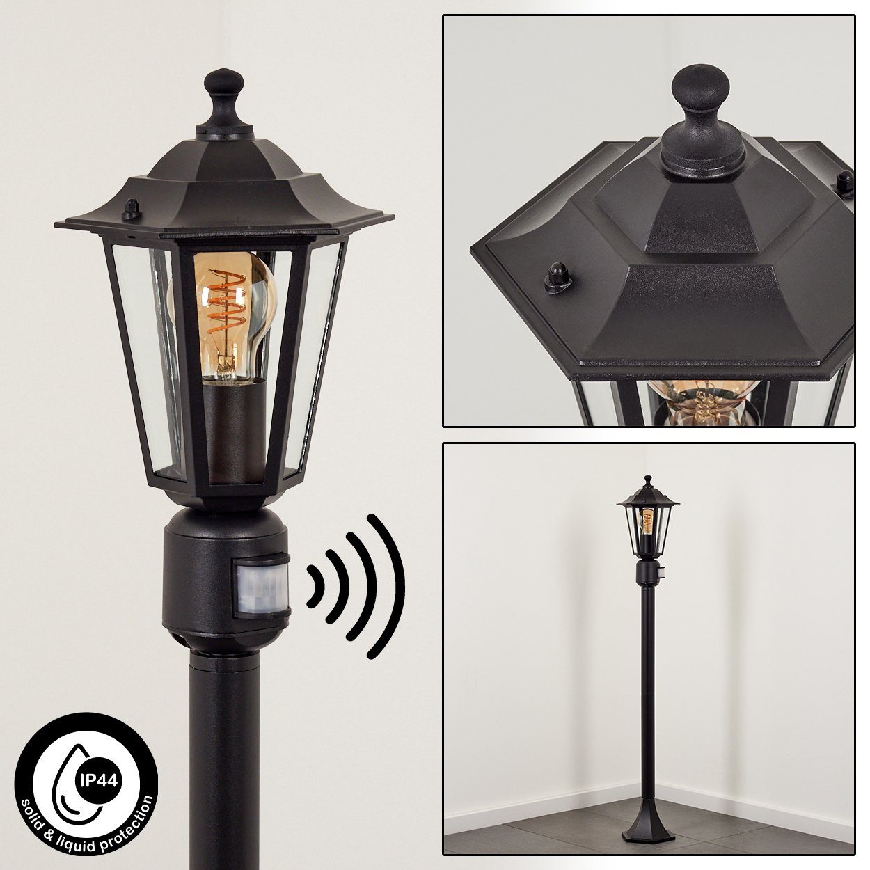 hofstein Pollerleuchte Wegeleuchte m. Bewegungsmelder aus Metall/Glas in Schwarz/Klar, ohne Leuchtmittel, Außenleuchte, Gartenlampe, IP44, 1xE27, ohne Leuchtmittel