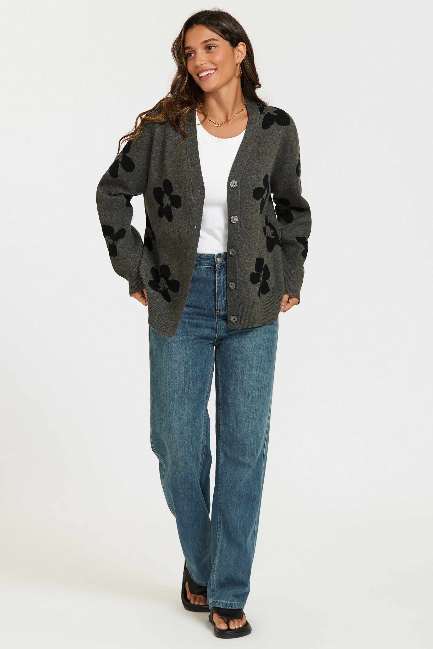 FS Collection Cardigan Damen Strickjacke Cardigan mit Blumenmuster, Dunkelgrau (Einheitsgröße (UK 8–16 / EU 36–44) 56 % Viskose, 26 % Polyester, 18 % Wolle