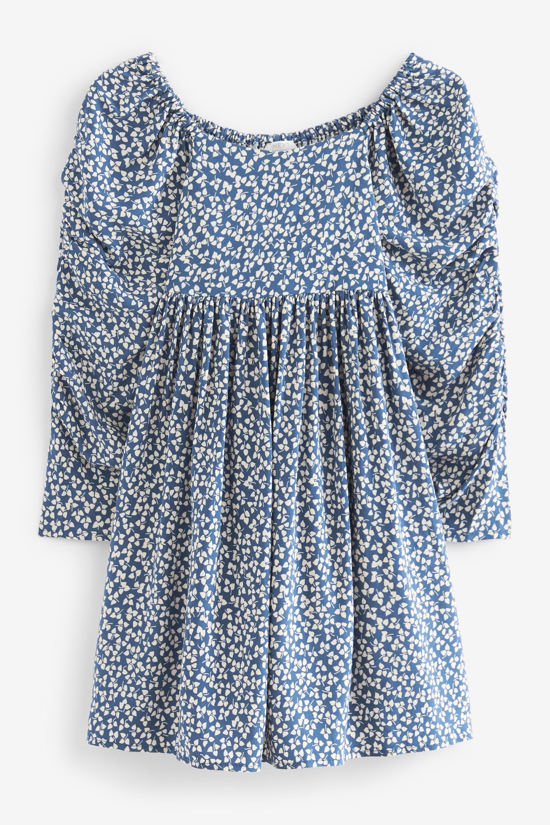 Next Druckkleid Bedrucktes Kleid mit Raffärmeln (1-tlg) Blue Ditsy