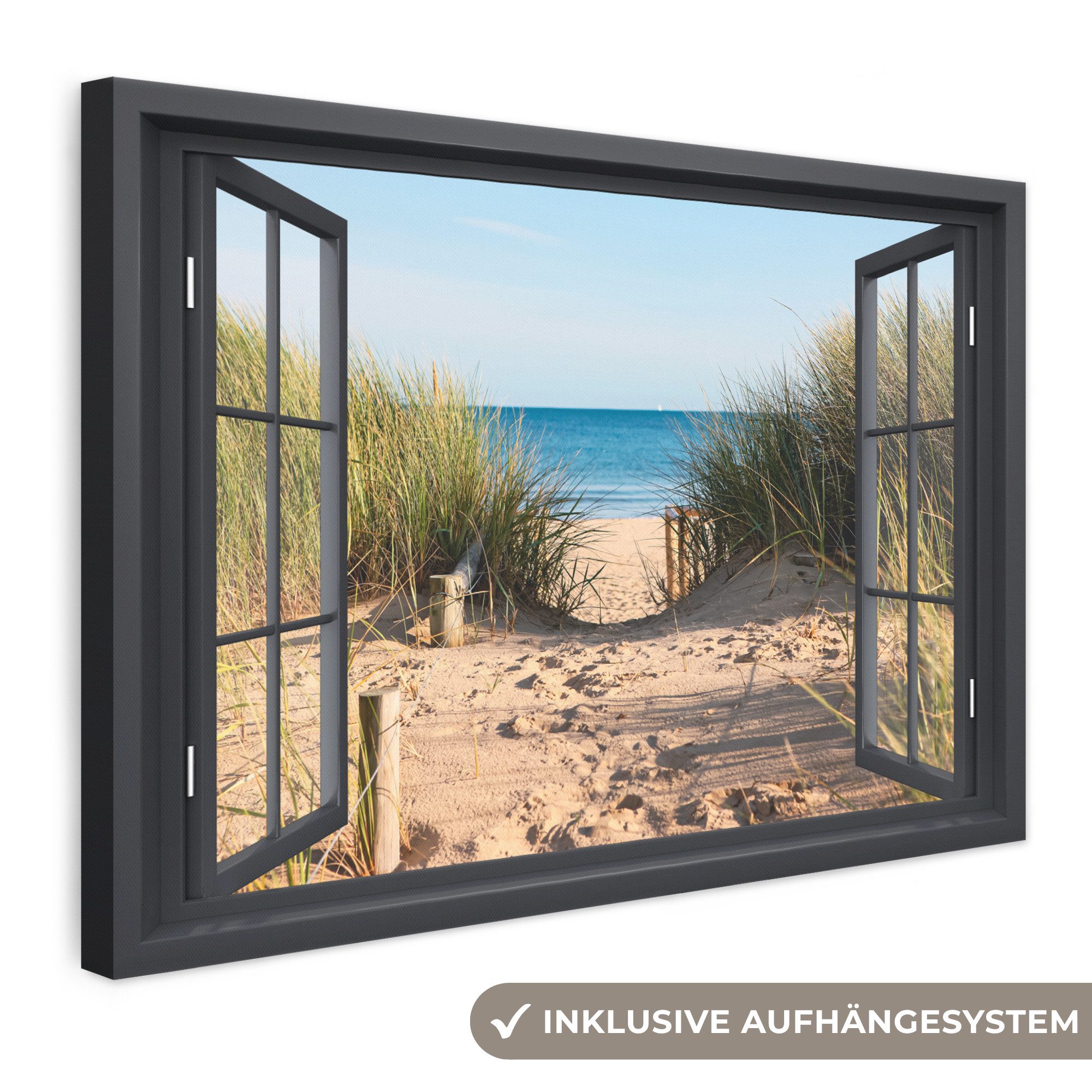 OneMillionCanvasses® Leinwandbild Durchblick - Strand - Meer - Sand - Wasser - Strandhafer - Dünen, Fotodruck (1 St), Leinwand Bilder Klein, Wand Dekoration Aesthetic 30x20 cm