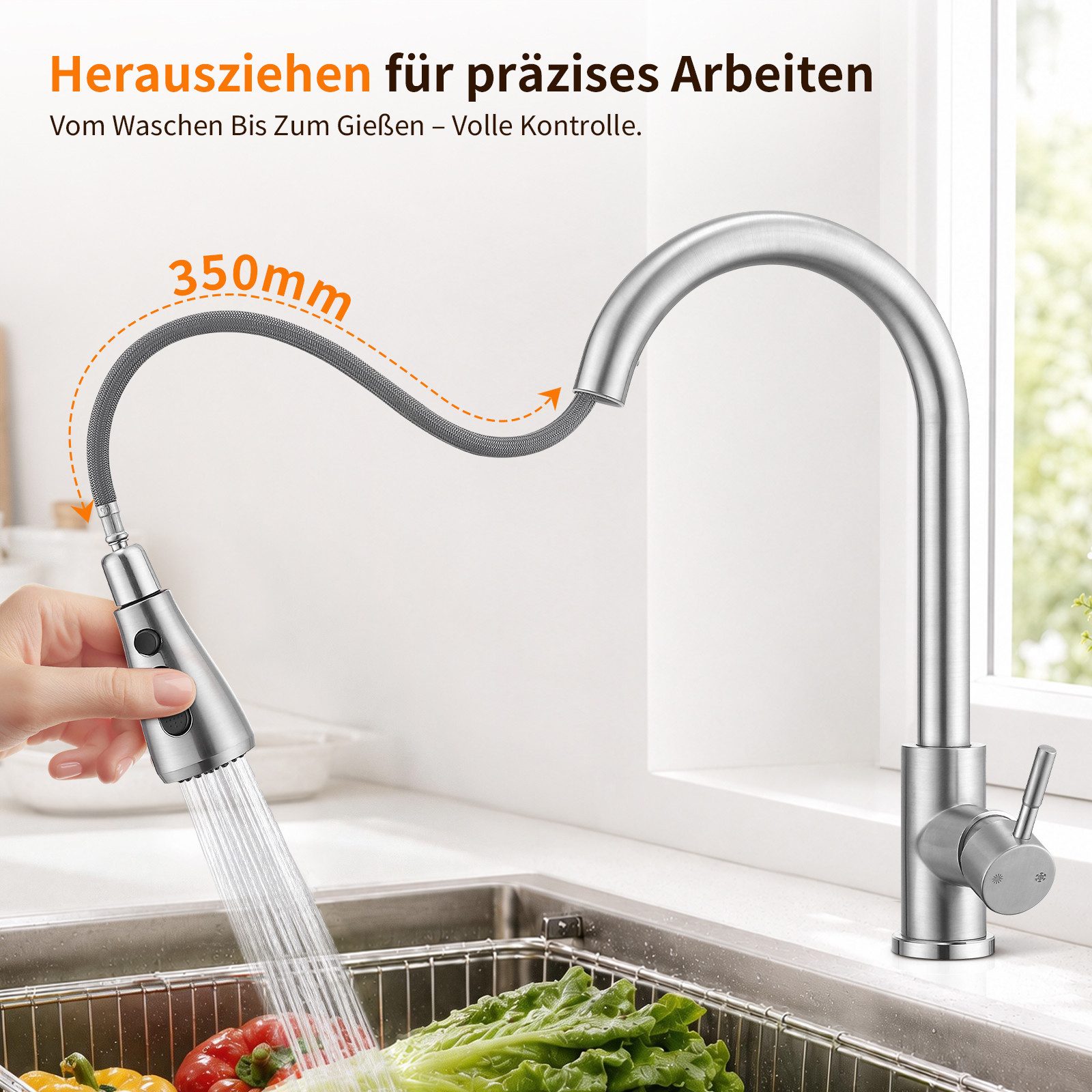 HOMELODY Spültischarmatur Hochdruck Wasserhahn Küche 360° Küchenarmatur mit Ausziehbarer (Mischbatterie, versenkbare Armatur) Mischbatterie mit Dual-Spülbrause Gebürstet