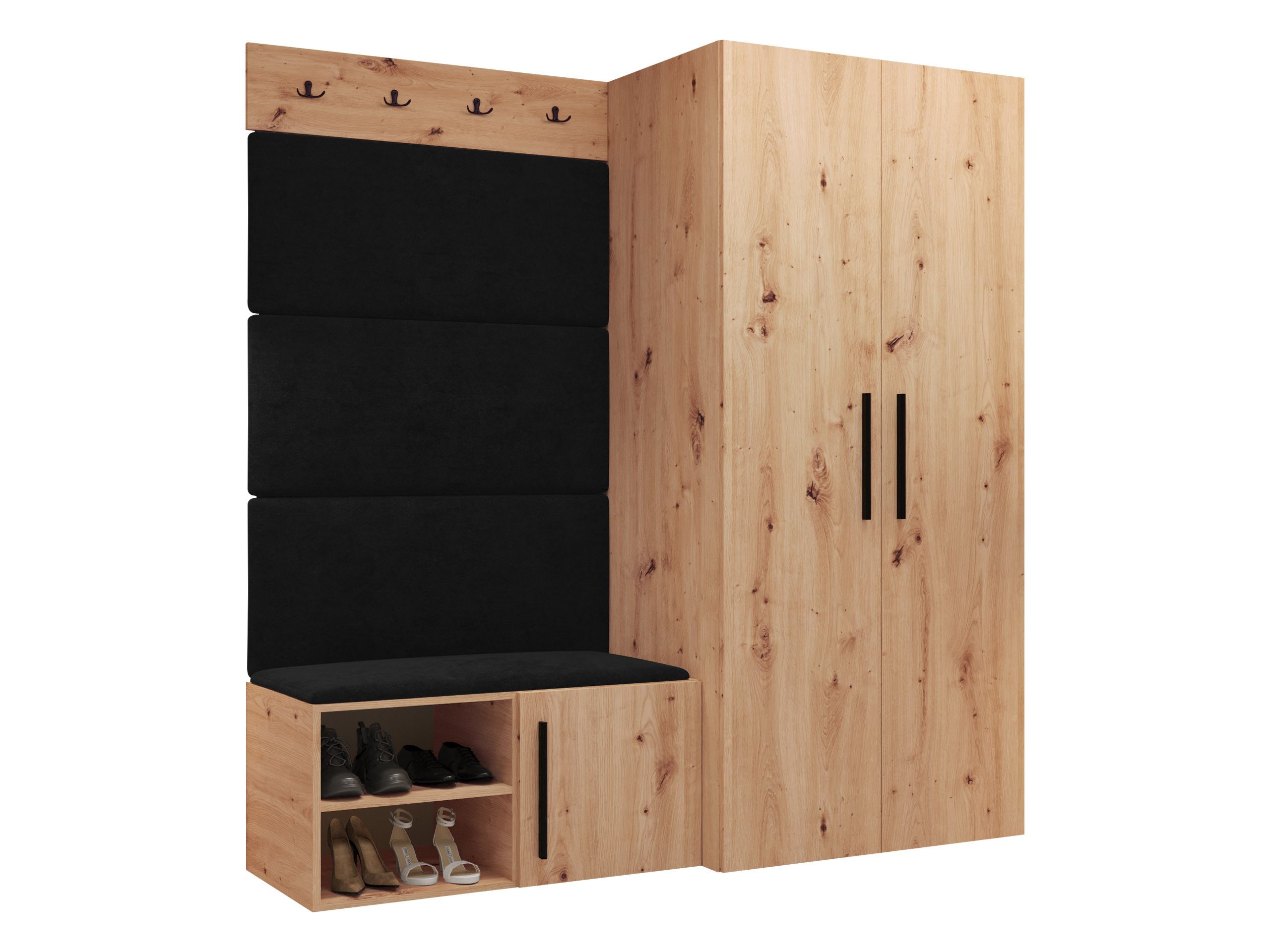 MIRJAN24 Garderoben-Set Medi I, (Drehtürenschrank, Schuhschrank, 4x Paneel 84x42), Kleiderstange, 4 Kleiderhaken für Kleidung