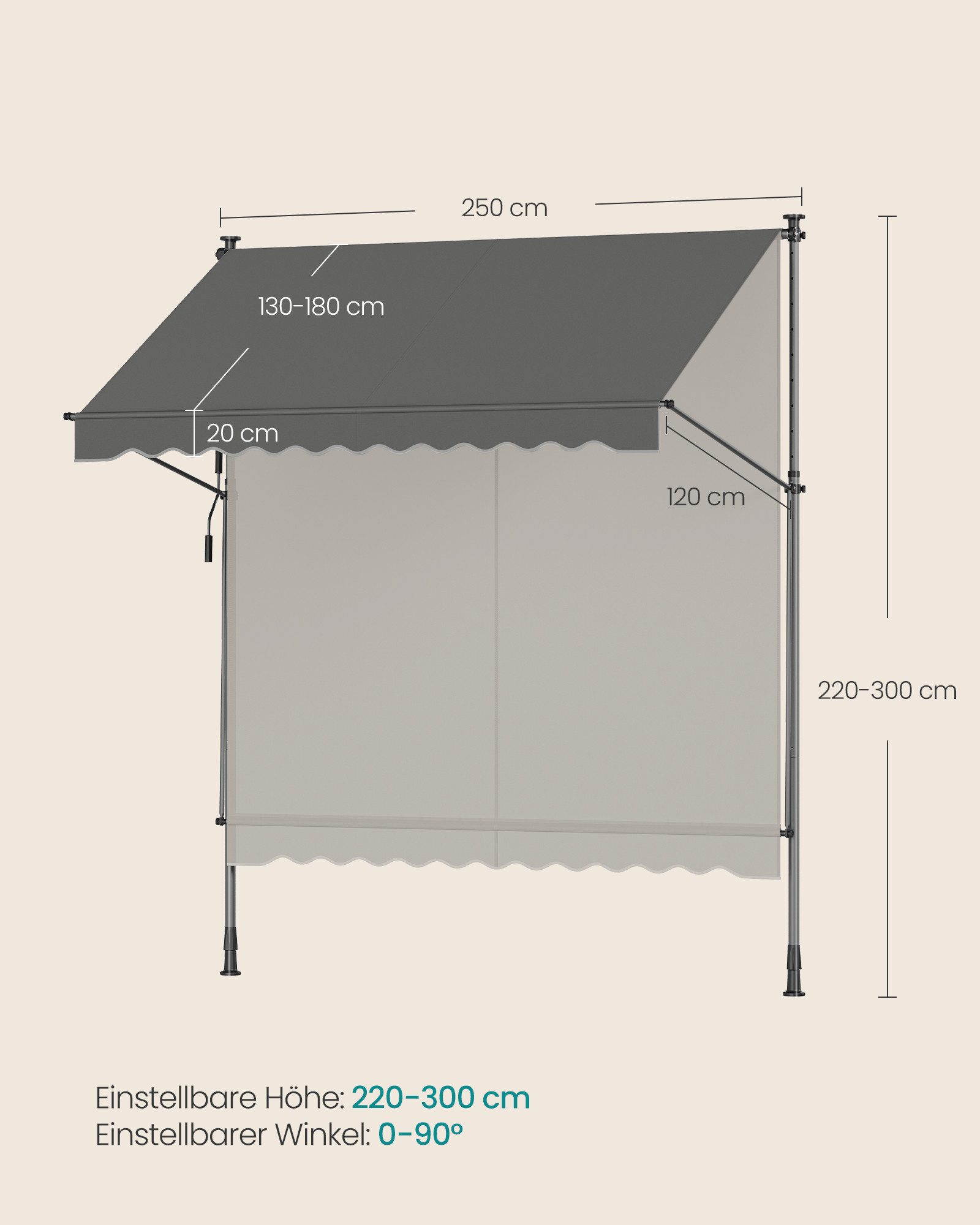 SONGMICS Klemmmarkise Balkonmarkise höhenverstellbar UV-Schutz wasserabweisend (ohne Bohren mit Handkurbel inkl. Zubehörpaket & Anleitung) Sonnenschutz, 250 x 120 x 220–300 cm (L x B x H)