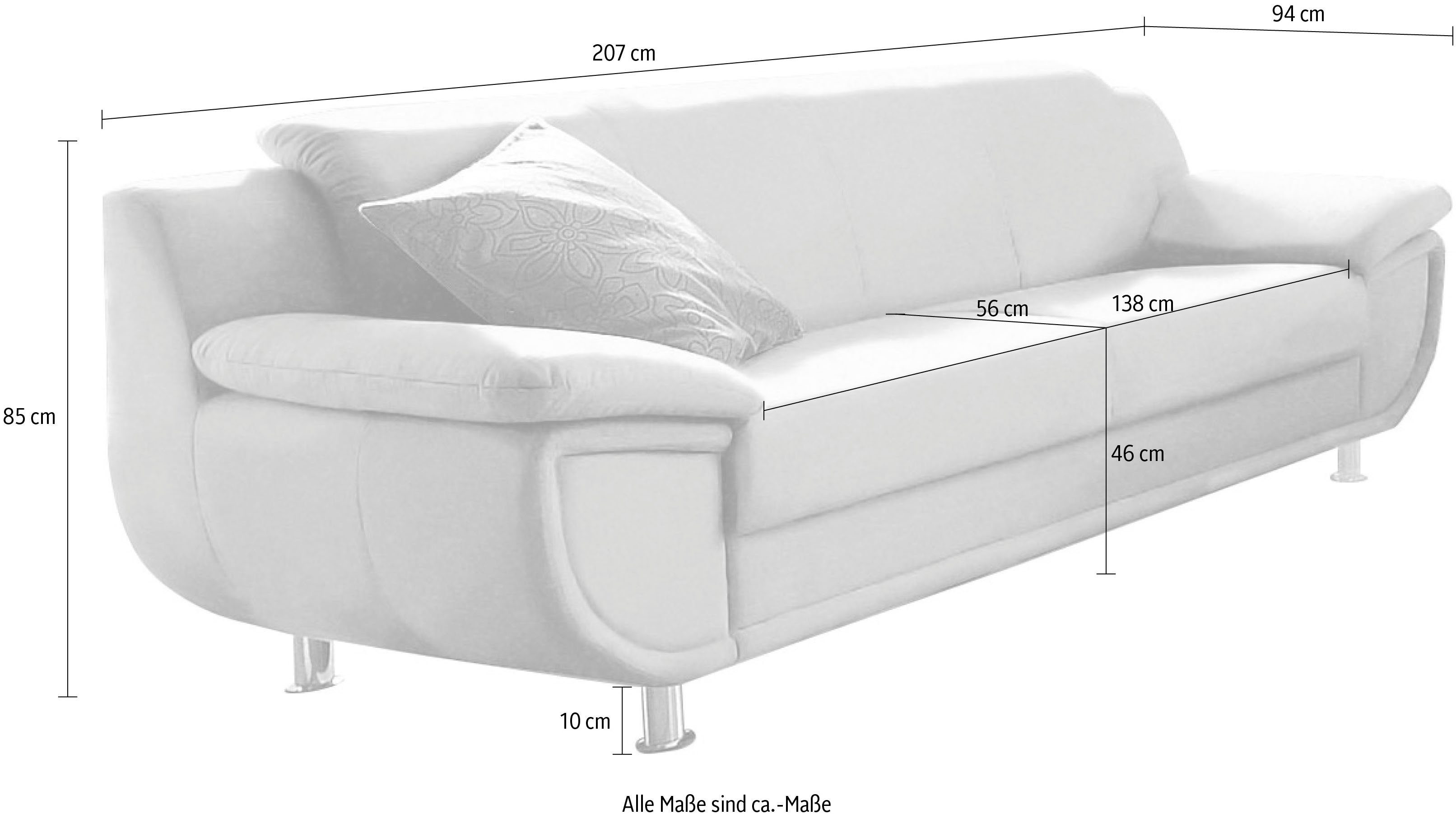 TRENDMANUFAKTUR 3-Sitzer Rondo 207 cm, 3-Sitzer, komfortabel, Federkern optional, Chromfüße, wahlweise mit Federkern, pflegeleichte Bezügen, Unser Dauertiefprei – Bild 3 von 4