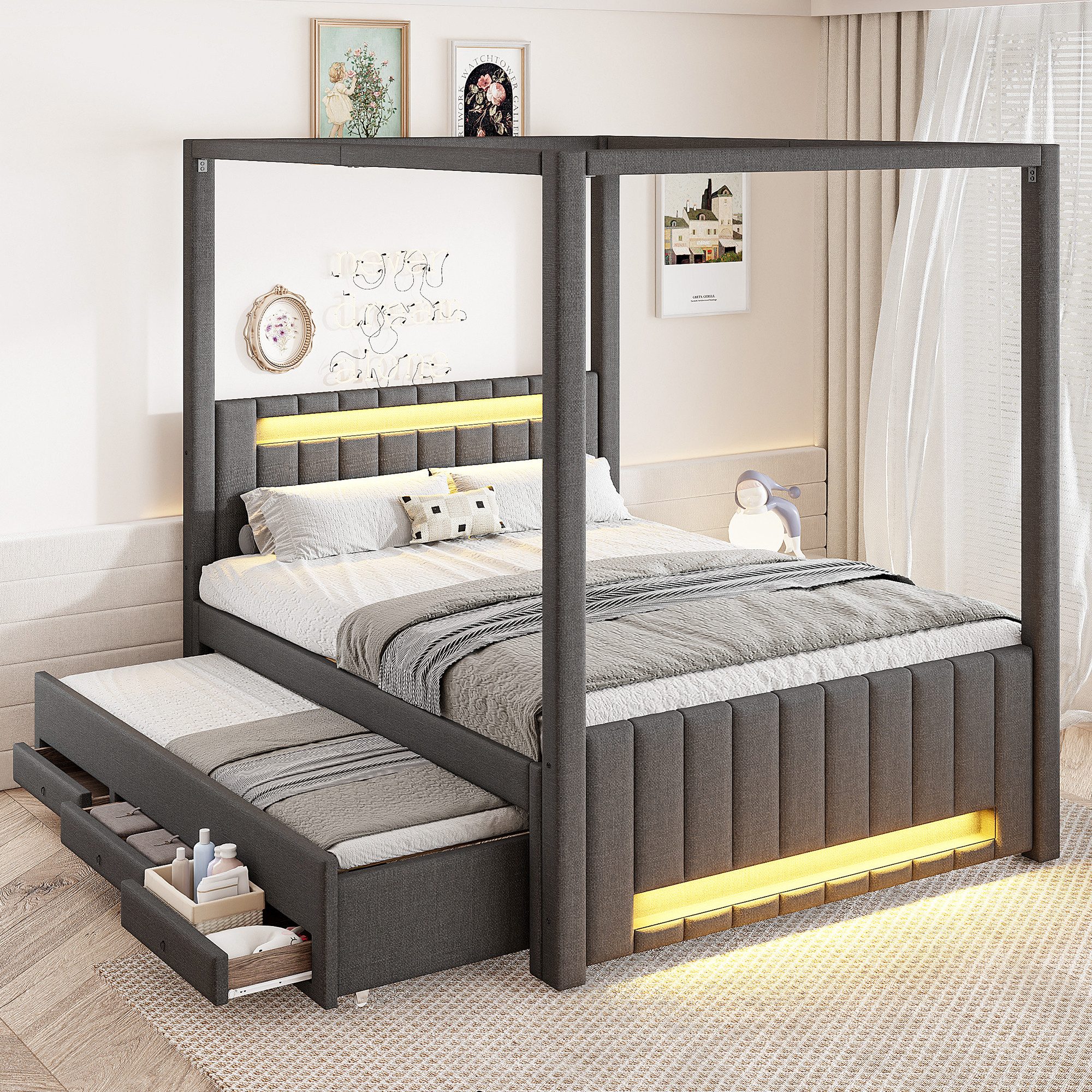 MODFU Himmelbett mit Ausziehbett (drei Schubladen, LED-Beleuchtung, 1-tlg., 211.8 x 141.5 x 186)