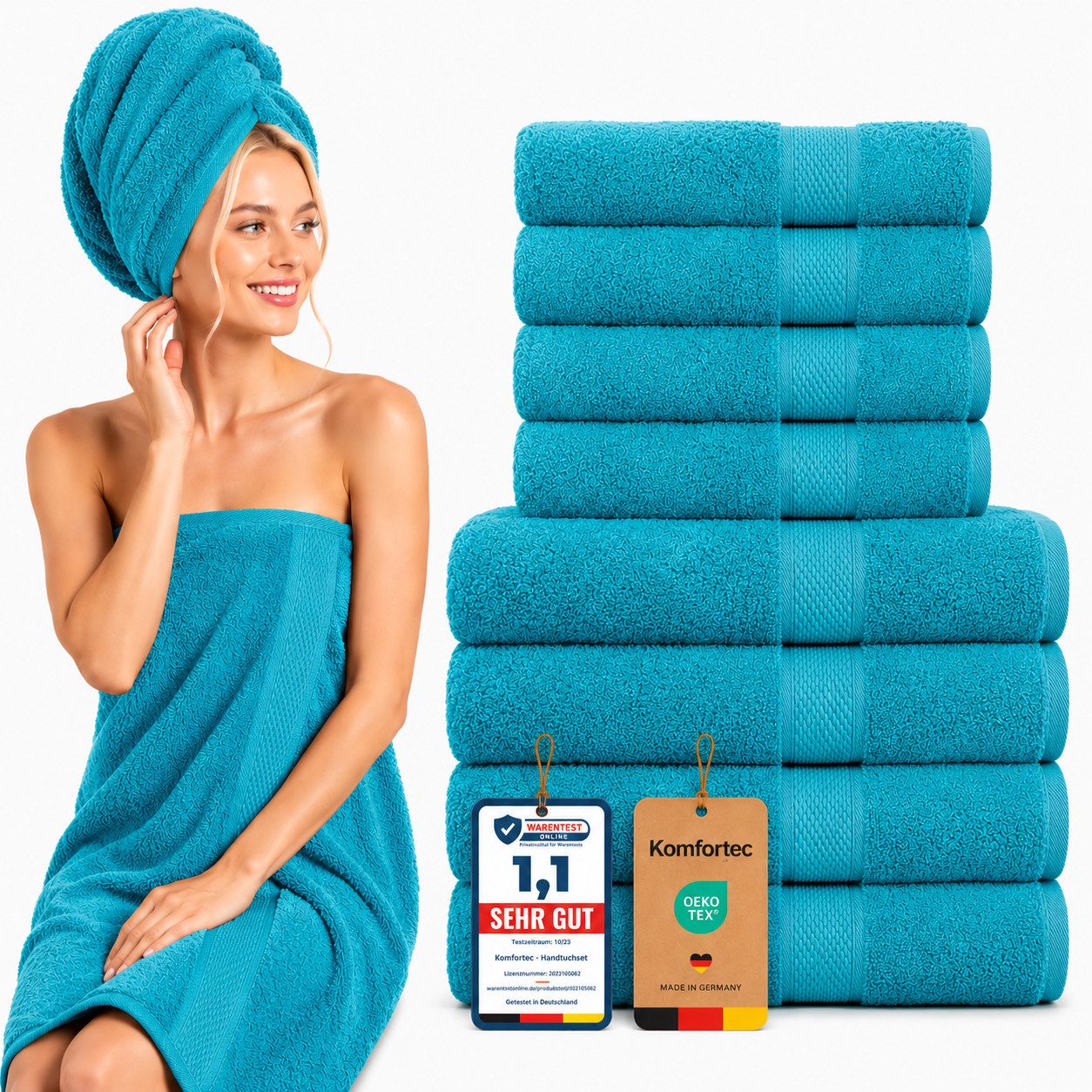 Komfortec Handtuch Set 8x Handtuch & Badetuch Set - 4er 50x100 + 4er 70x140 cm, Frottee (Set, 8-St), 100% Baumwolle, 470 g/m2, mit Bordüre, Weich & Saugstark