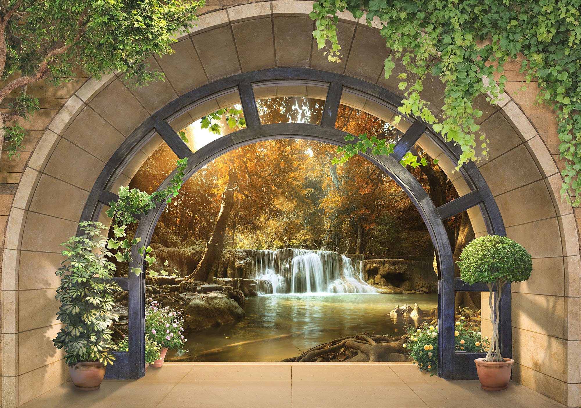 Wallarena Fototapete Selbstklebend 3D Effekt Wald Wasserfall Landschaft Modern Wohnzimmer Schlafzimmer, Struktur, Wald, Selbstklebende Fototapete