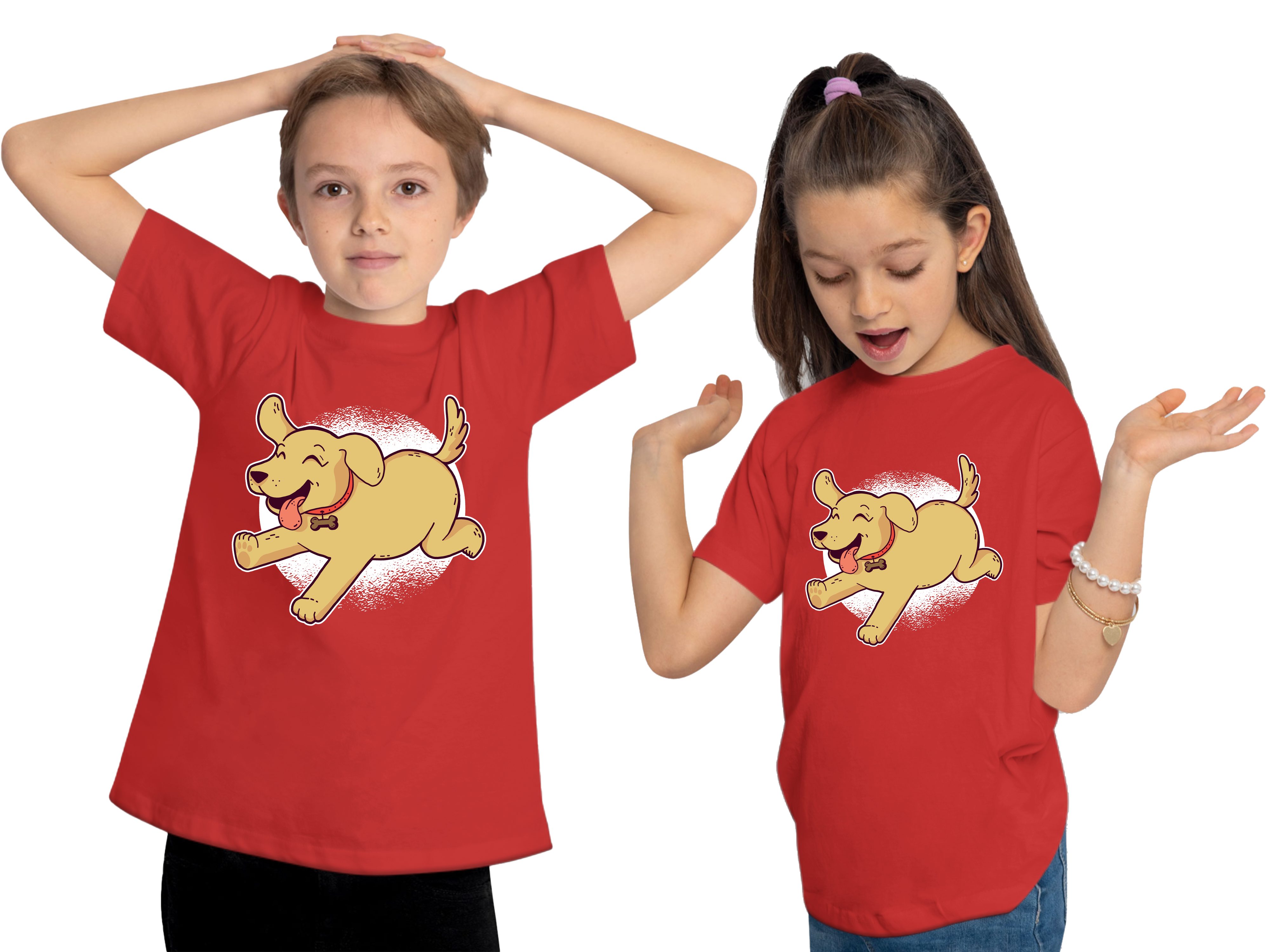 MyDesign24 T-Shirt Baumwollshirt i248 Aufdruck, rot Labrador mit Spielender bedruckt Hunde Print Kinder Welpe - Shirt