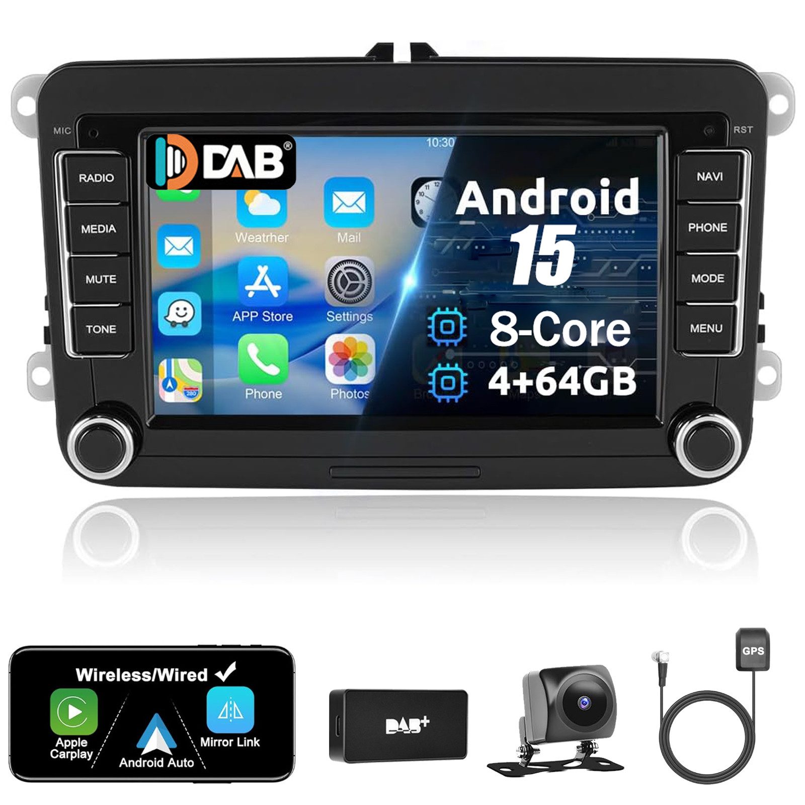 A-Sure 7" 8-Core Android 15 Carplay Für VW Golf 5 6 Passat Touran Caddy Jetta Autoradio (Digitalradio (DAB), FM, AM)
