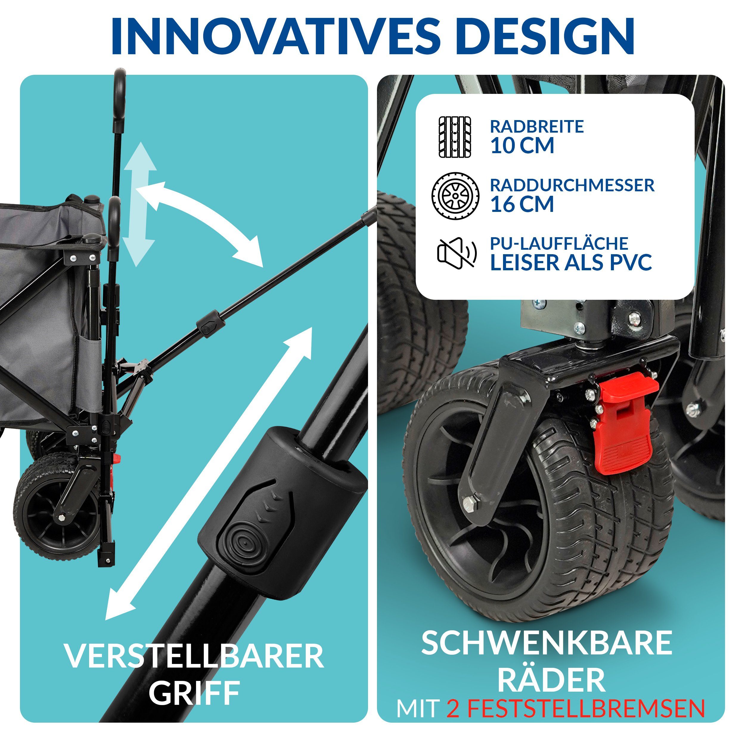 LAWA Living and Lifestyle Folding Wagon without Canopy with Brake, 100kg Load Capacity, 120cm Extendable Length (12.4kg Lightweight, Very Small Pack Size), Foldable Handcart, Rear Door, Grey