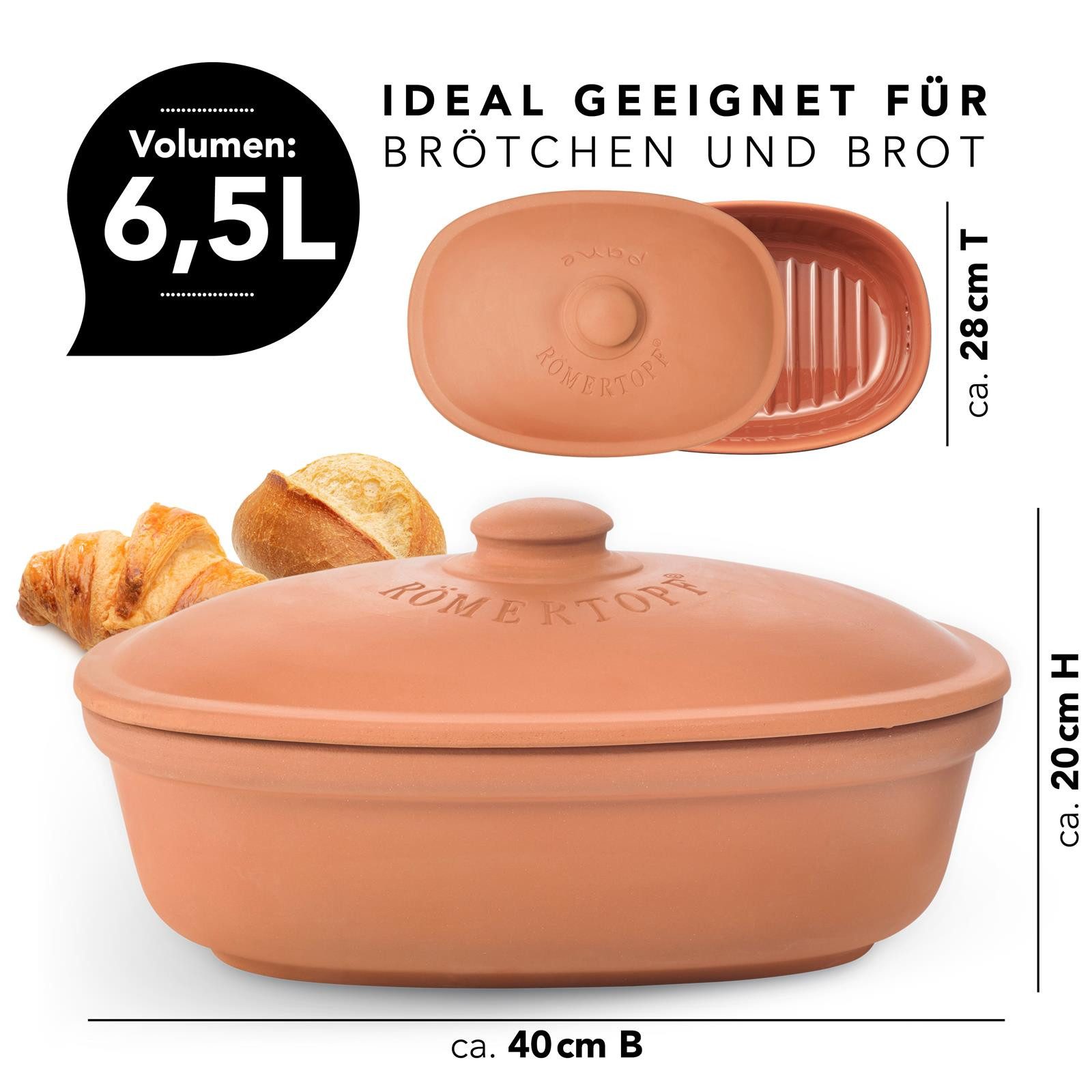RÖMERTOPF Vorratsdose Brottopf oval MAXI 6,5 Liter - Keramik Brotkasten, (Set), aus Naturton