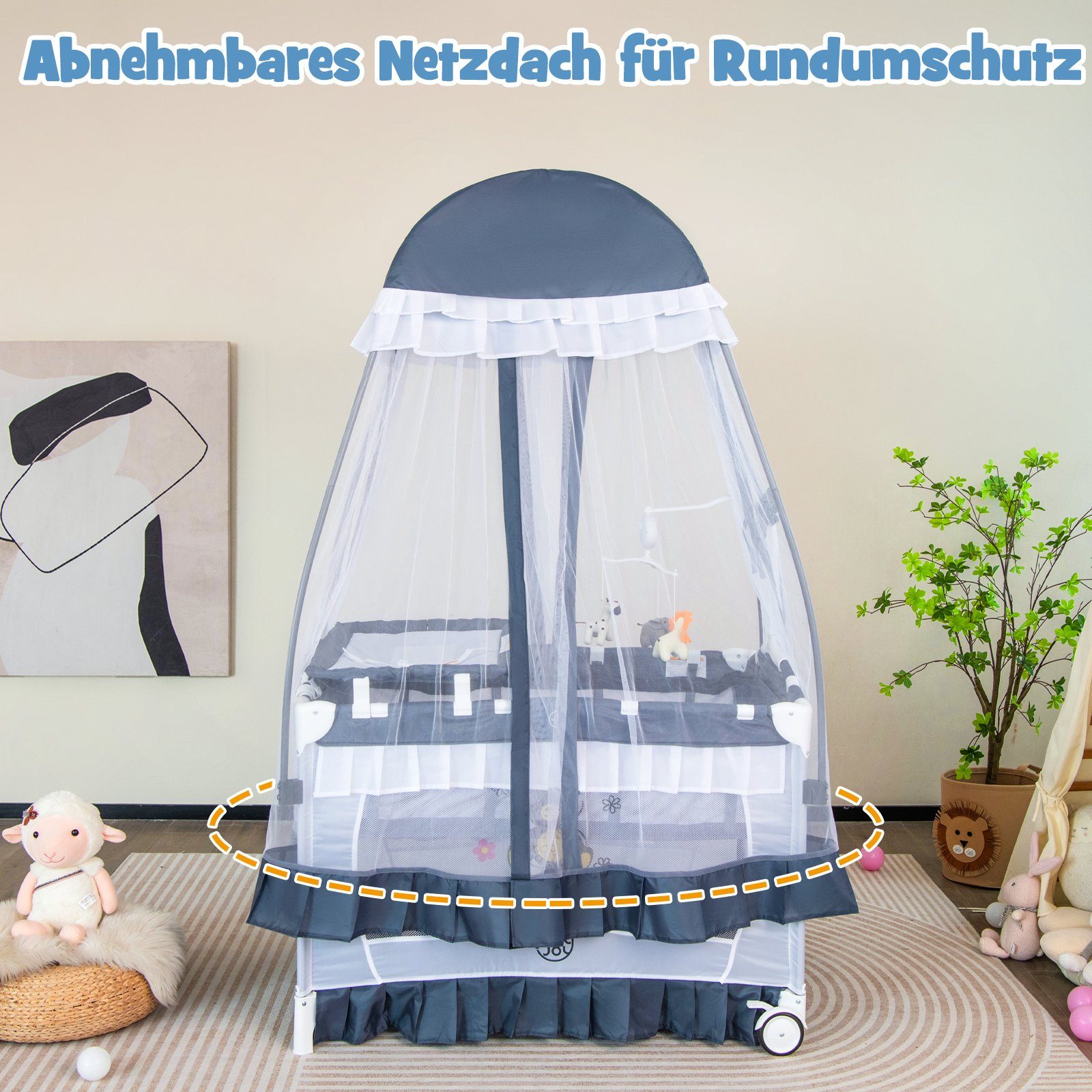 COSTWAY Kinderbett Reisebett, Babybett mit abnehmbarem Baldachin, Wickelauflage, faltbar